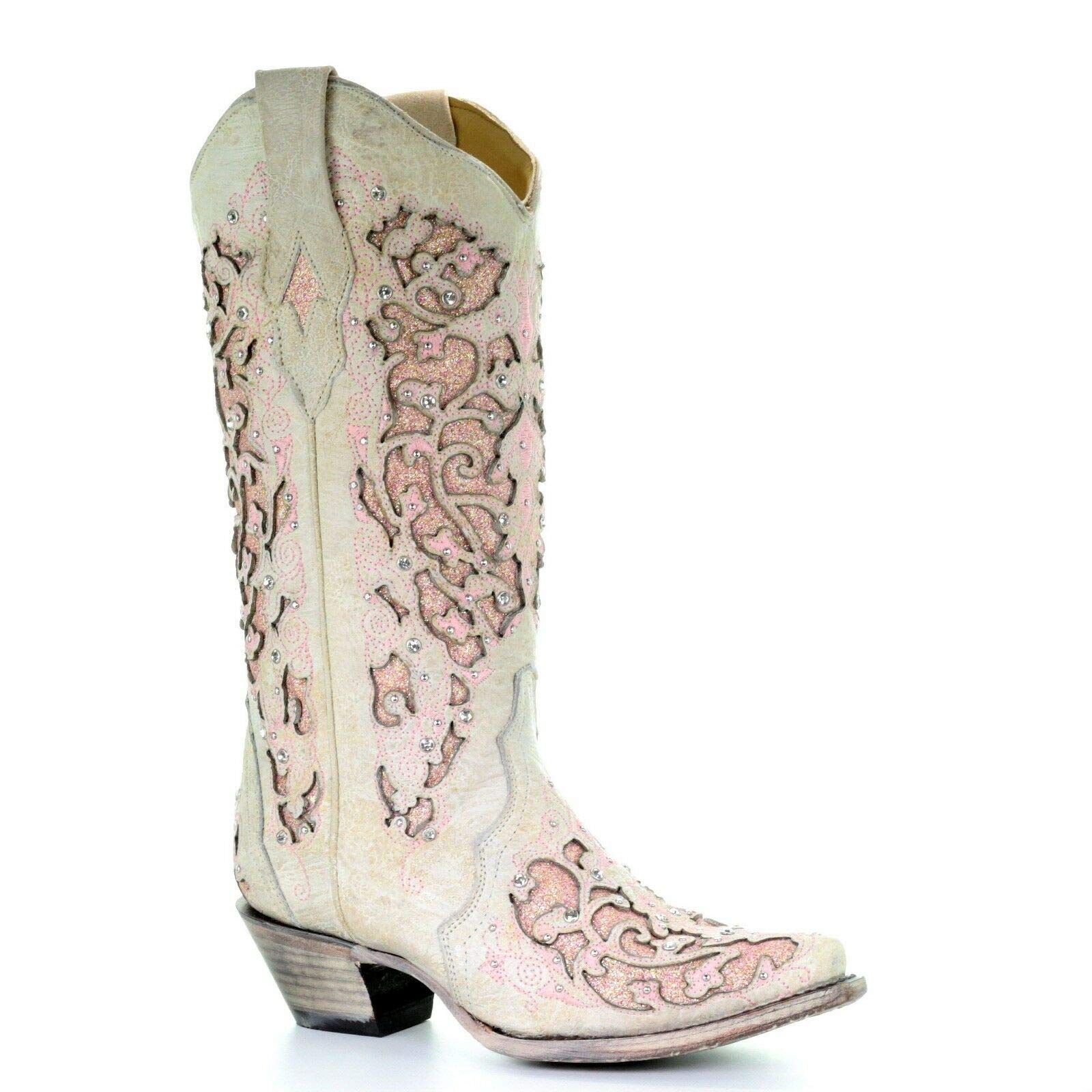 Corral Women's White & Pink Glitter Inlay Cowboy Boots with Embroidery and Crystal Accents - Perfect for Country Concerts, Rodeos, and Western Fashion