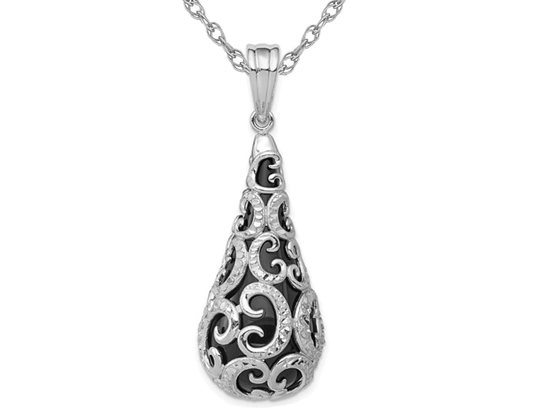 Elegant Filigree Sterling Silver Black Onyx Teardrop Dangle Pendant Necklace - 18 Inch Chain for Women | Perfect for Evening Wear, Special Occasions & Gift Giving