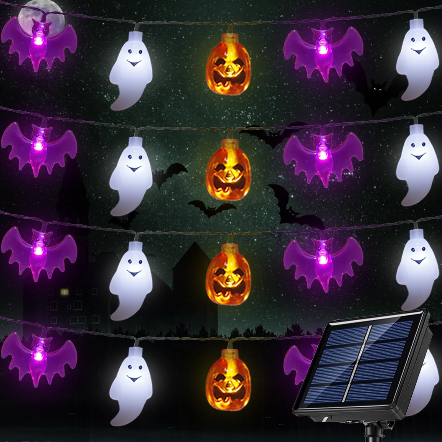 21 FT 30 LED 3D Pumpkin Bat Ghost Halloween String Lights - Waterproof Solar Powered for Indoor & Outdoor Decor - Perfect for Halloween Party, Yard, Garden, Porch and Home Decoration
