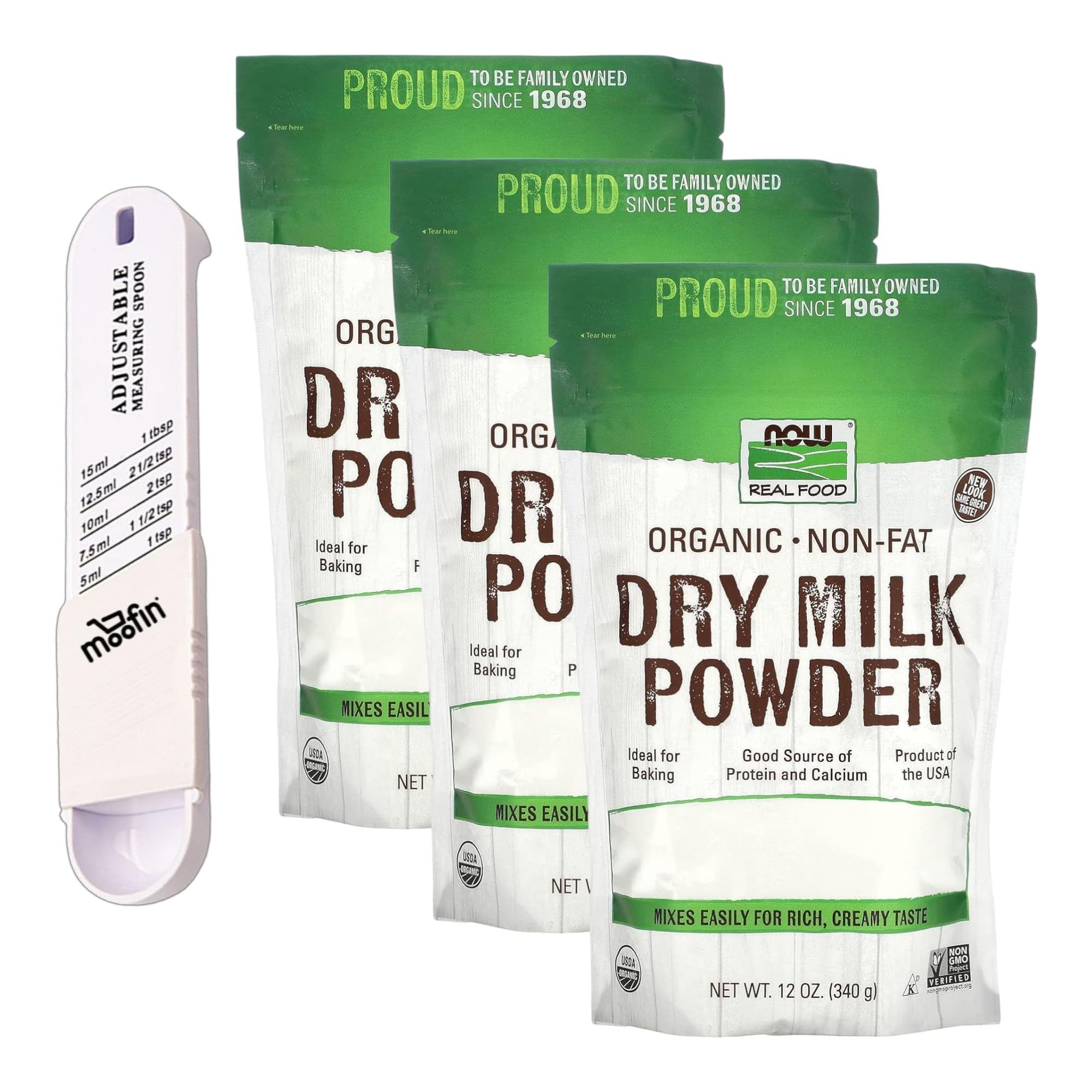 Organic Non-Fat Dry Milk Powder, 12 oz (Pack of 3) - High Protein & Calcium Rich Powdered Milk for Baking, Smoothies, Coffee - Includes Free Measuring Spoon for Easy Mixing - Perfect for Homemade Bread, Protein Shakes & Healthy Recipes