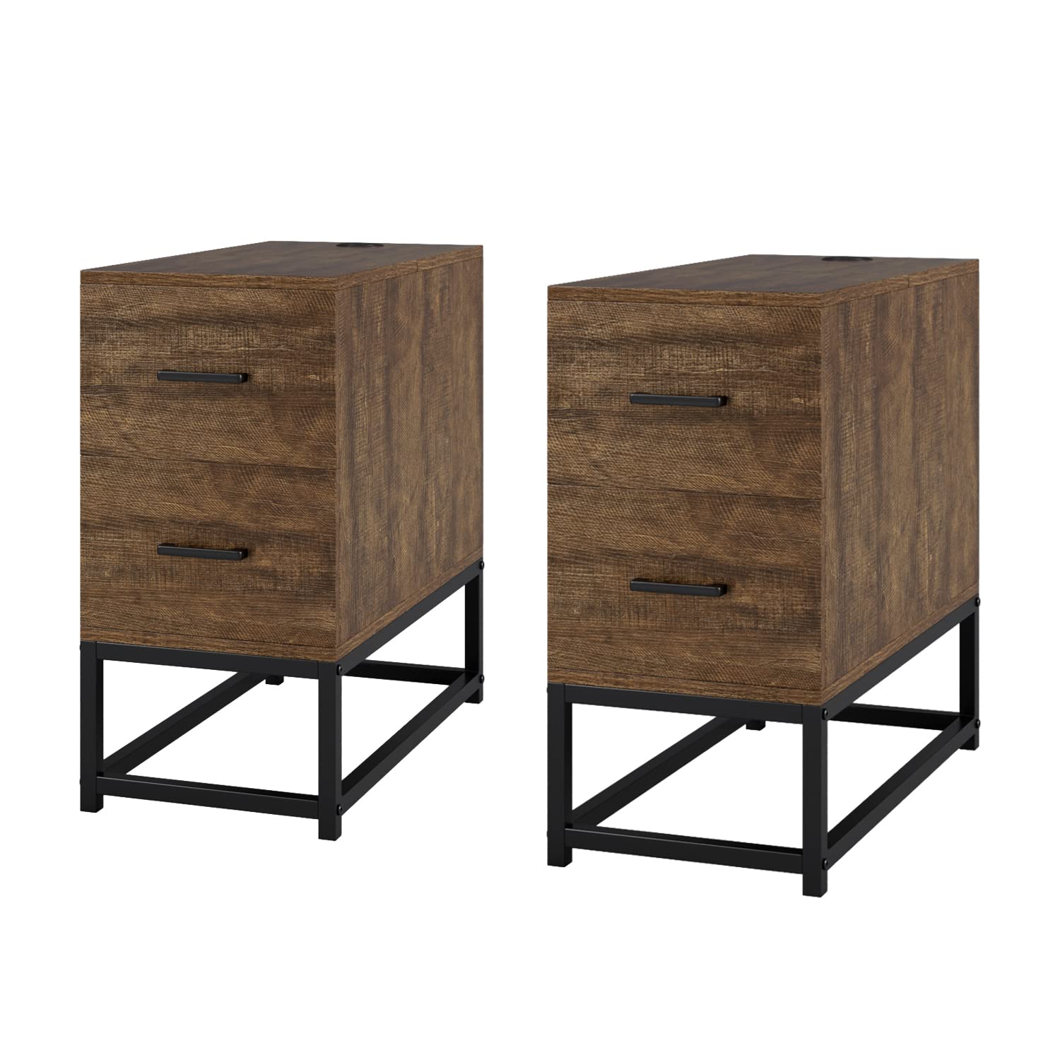 HIFIT 2-Piece Narrow End Table Set with Drawers & Flip Top Storage - Space Saving Side Table for Small Spaces, Perfect as Bedside Table for Bedroom or Living Room - Walnut Brown - Ideal for Apartments, Dorms & Cozy Home Decor