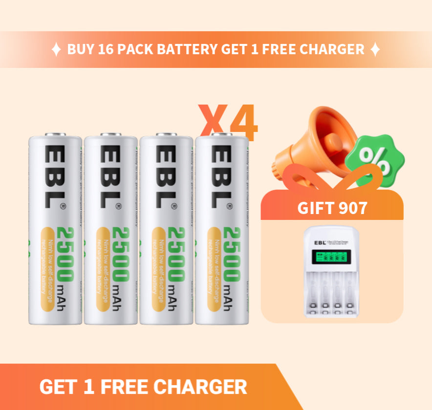 EBL 16 Pack AA Rechargeable Batteries 2500mAh High Capacity Ni-MH 1.2V - Perfect for Cameras, Toys, Flashlights & Electronic Devices