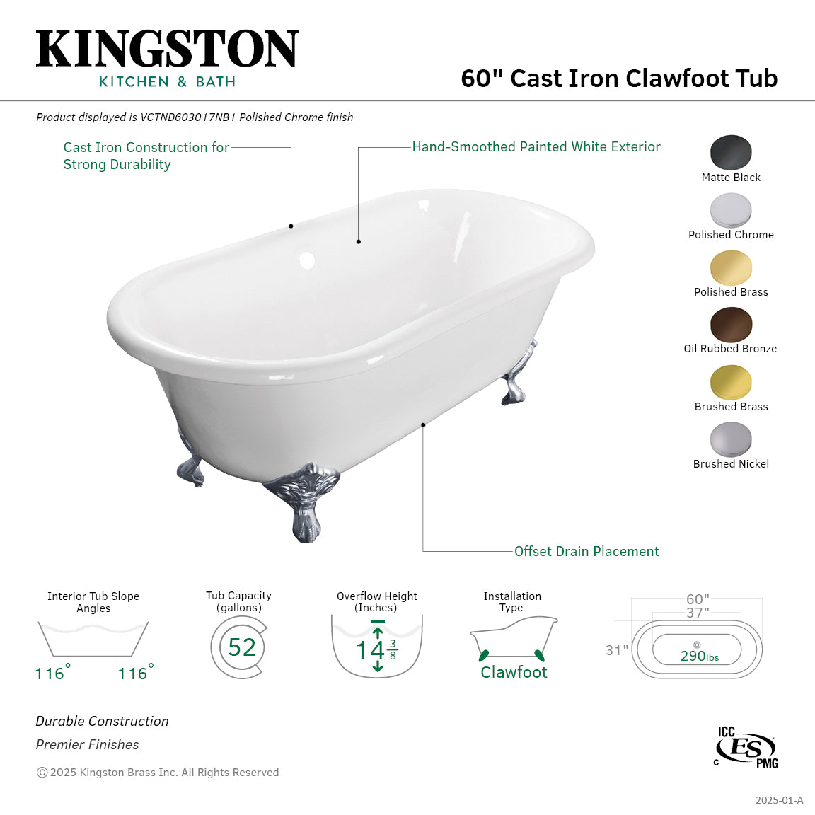 Aqua Eden 60 Inch White Cast Iron Oval Double Ended Clawfoot Bathtub with Polished Brass Feet - No Faucet Drillings - Vintage Freestanding Soaking Tub for Bathroom Remodel & Luxury Spa Retreat