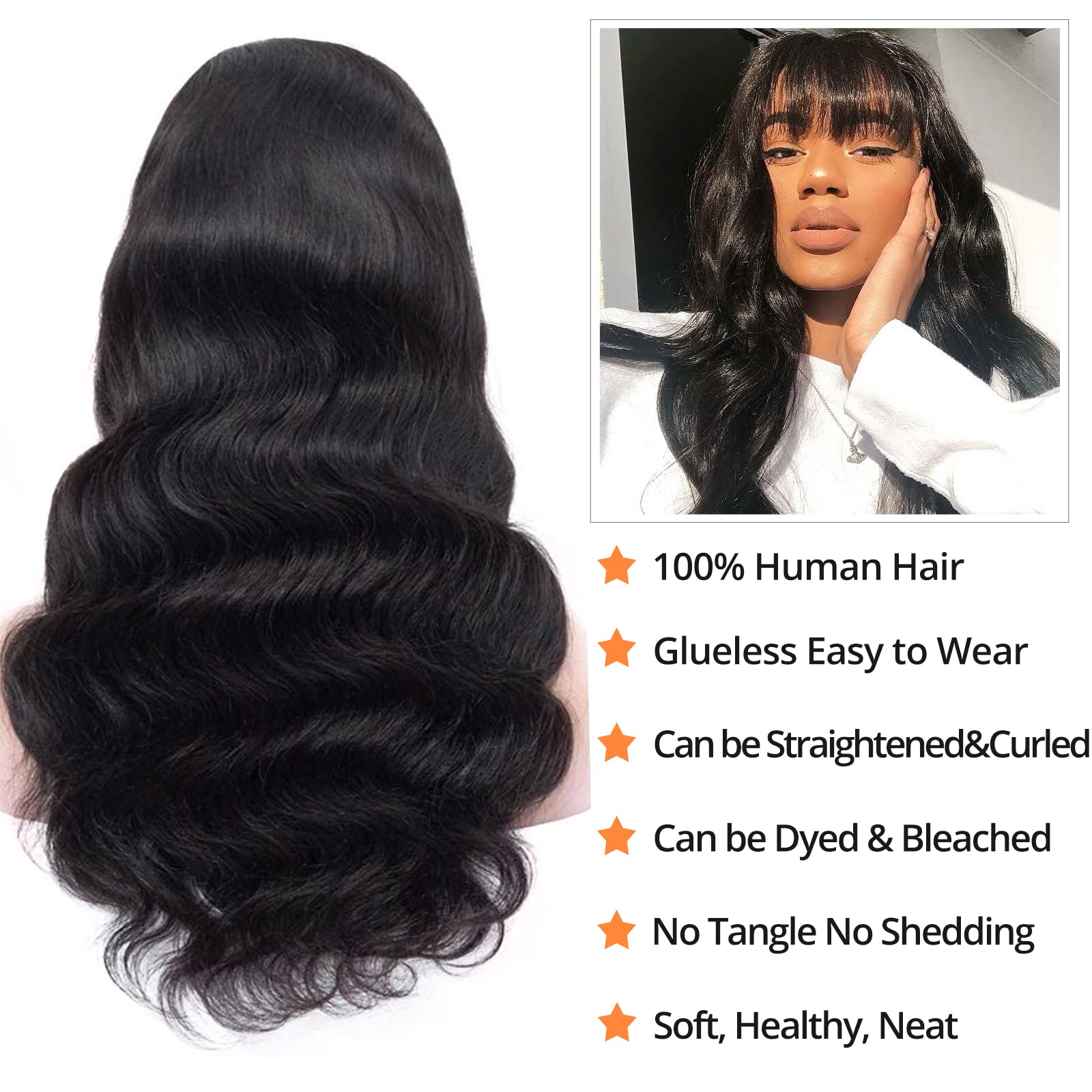 Brazilian Virgin Human Hair Wigs for Black Women - 18 Inch Body Wave Glueless Machine Made Wig with Bangs (150% Density, Natural Color) | Perfect for Daily Wear, Special Occasions & Protective Styling