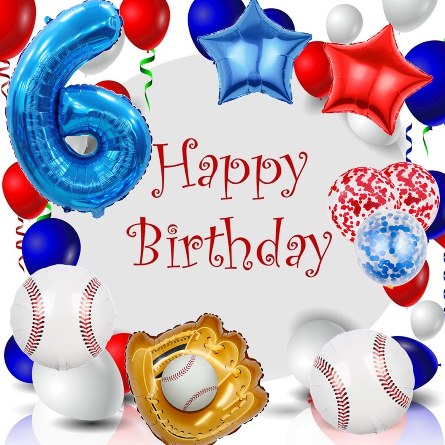 Baseball Balloon Set - 9Pcs Baseball Glove & Number 6 Balloons with Red Blue Stars & Confetti for Boys Birthday Party Decorations | Perfect for Baseball Themed Birthday Parties, Baby Showers, and Sports Decor