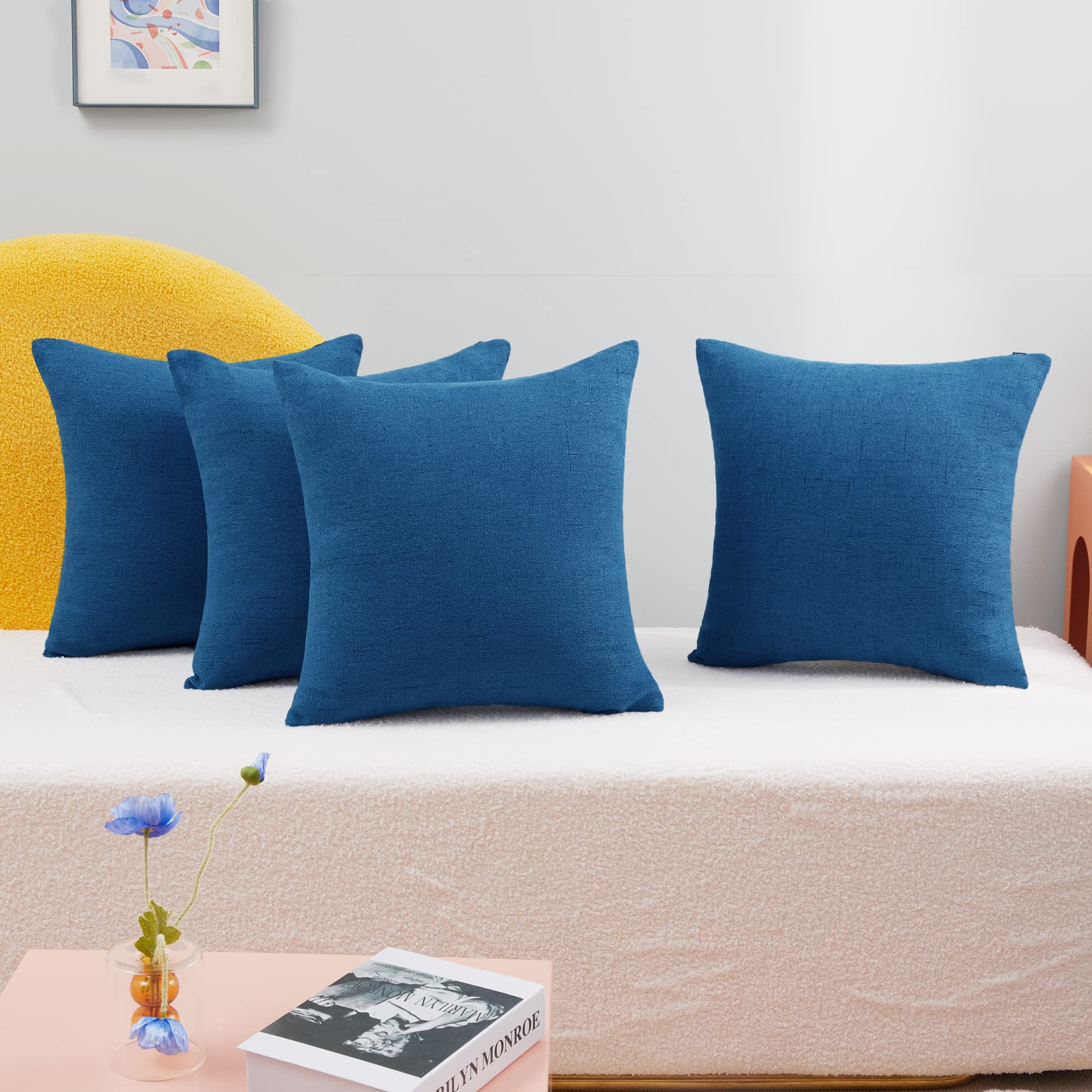 Deconovo 24x24 Inch Faux Linen Pillow Covers - Federal Blue Solid Throw Pillow Cases (Set of 4, No Insert) for Sofa, Bed & Home Decor