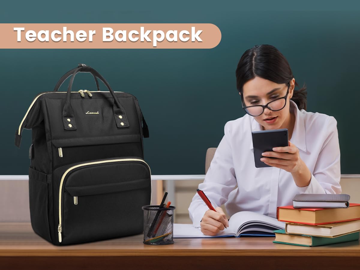 LOVEVOOK 15.6 Inch Laptop Backpack for Women - Waterproof Anti-Theft Work Backpack with USB Charging Port - Perfect for College, Office, Travel & Commuting - Teacher Nurse Computer Bag in Black