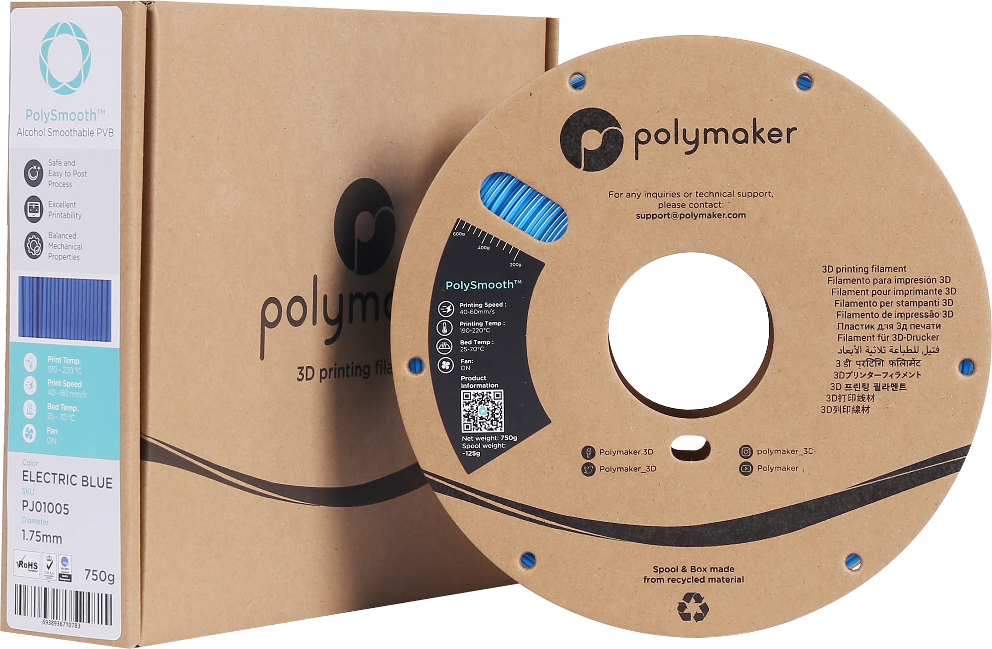 Polymaker PolySmooth PVB 3D Printer Filament 1.75mm Blue - 750g Cardboard Spool | Easy Smoothing with IPA Alcohol | Compatible with Polysher | Ideal for Cosplay Props, Miniatures & Artistic 3D Prints