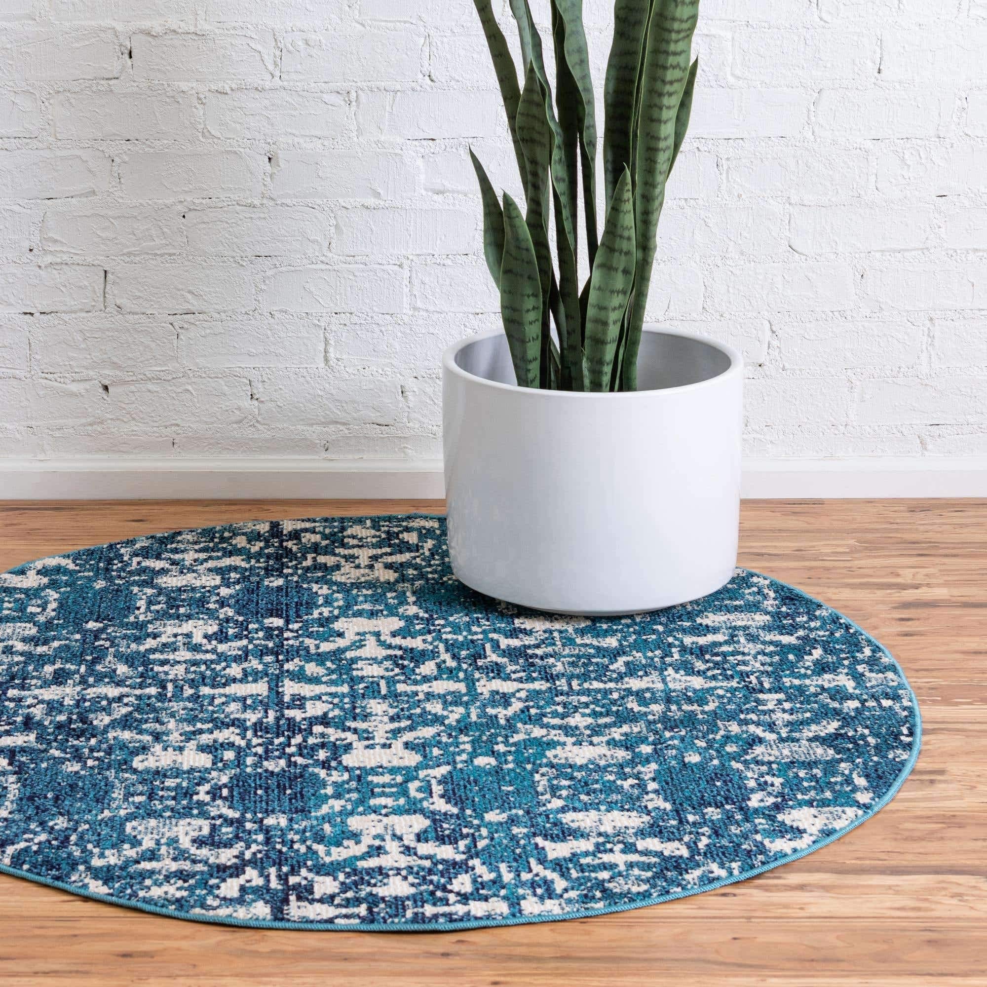 Unique Loom Charm Collection Abstract Bohemian Distressed Modern Dark Colors 7x7 Feet Area Rug - Navy Blue & Ivory - Perfect for Living Room, Bedroom or Boho Chic Home Decor