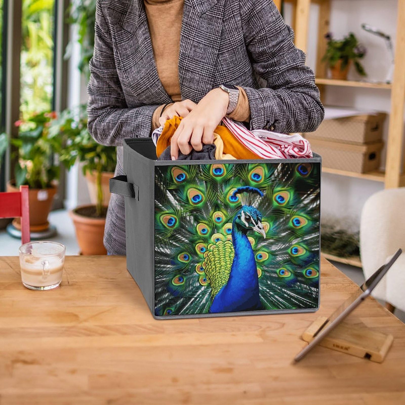 6-Piece Collapsible Storage Bins with Handles - Blue Peacock Printed Foldable Organizing Baskets for Shelves, Closet, Kitchen & Home Organization - Space Saving Storage Containers for Toys, Books & Household Items