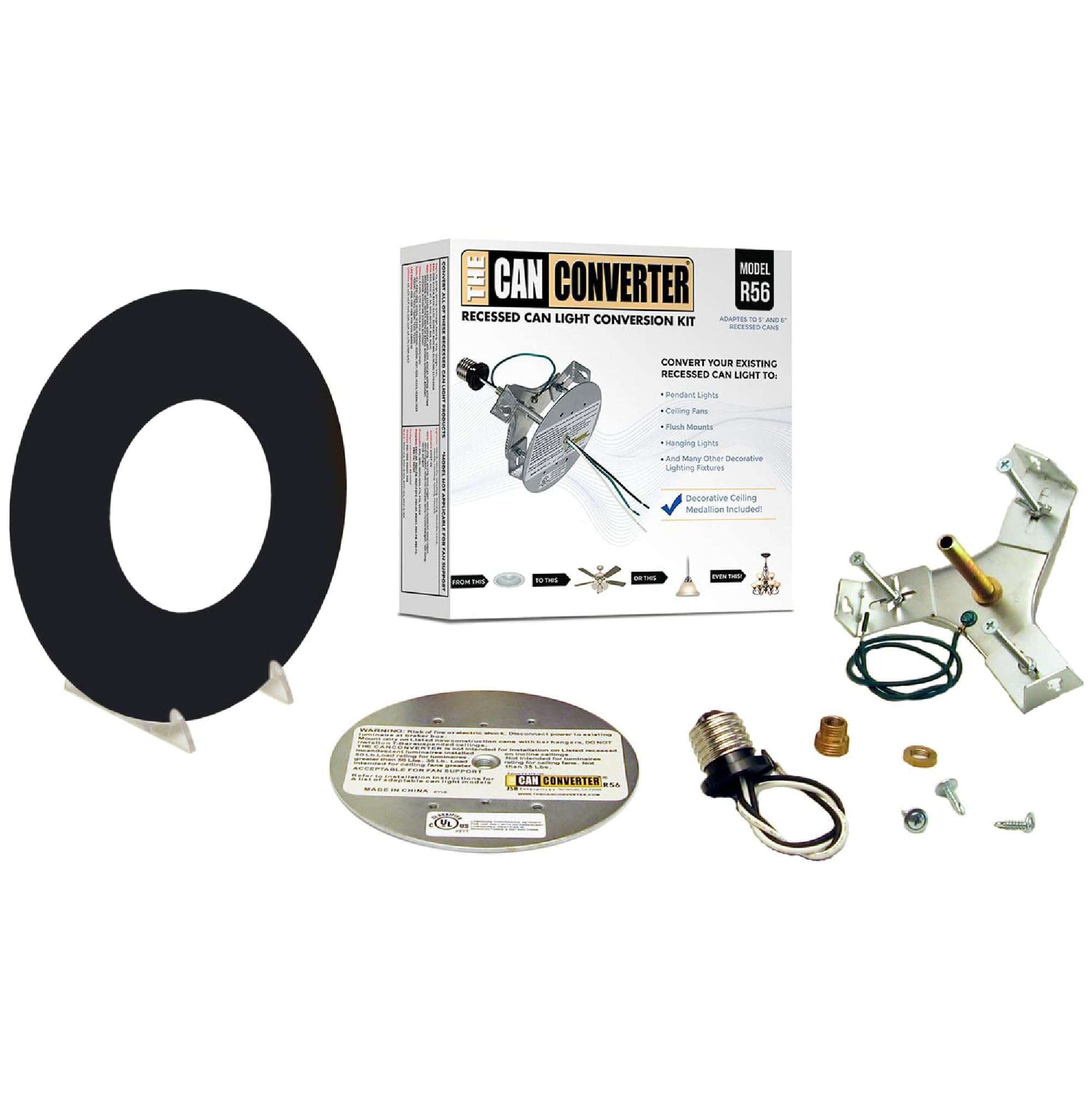 R56 Recessed Can Light Conversion Kit - 7 Inch Flat Steel Ceiling Medallion in Matte Black for Ceiling & Pendant Lights | Perfect for Living Room, Bedroom & Kitchen Lighting Upgrade