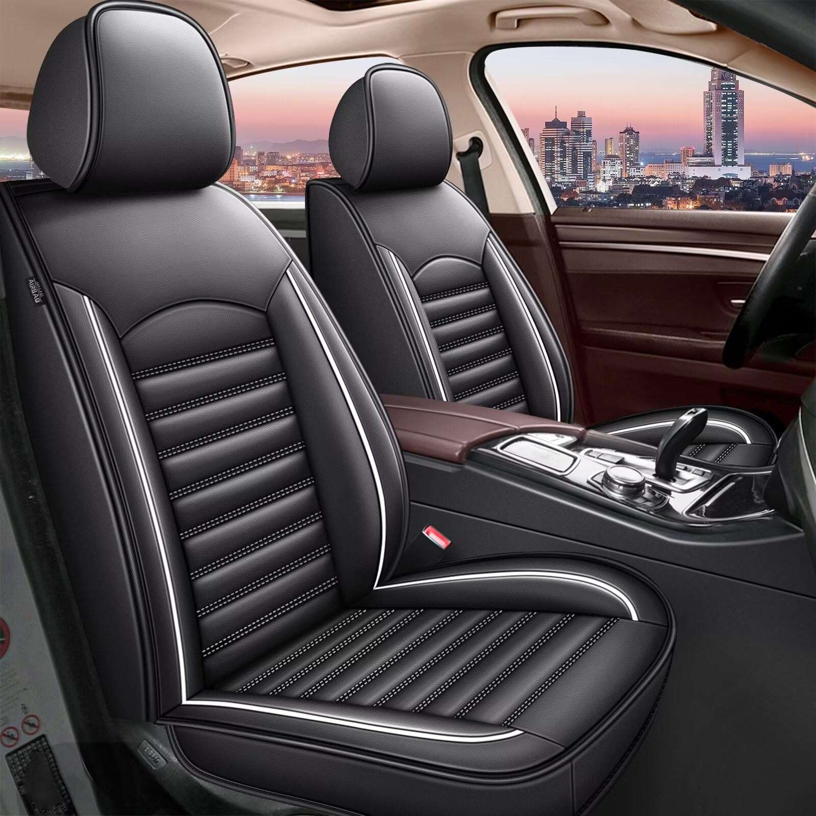 2014-2019 Toyota Corolla Car Seat Covers - Black Faux Leather Full Set (5 Seats) | Airbag Compatible & Waterproof Seat Protectors with White Stitching | Perfect for Daily Commuting, Road Trips & Family Protection