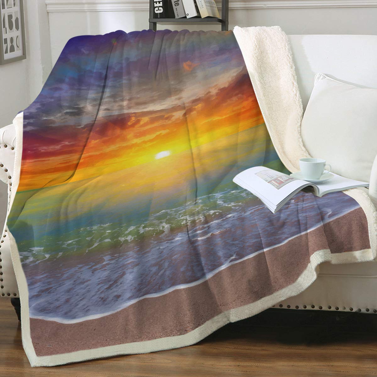 Sleepwish Reversible Sherpa Flannel Fleece Blanket - Tropical Ocean Design, 60 x 80 Inch (Beachside & Sunset) - Cozy Twin Bed Blanket for Home, Camping & Travel - Perfect for Couches, Beds, Outdoor Adventures & Gift Giving