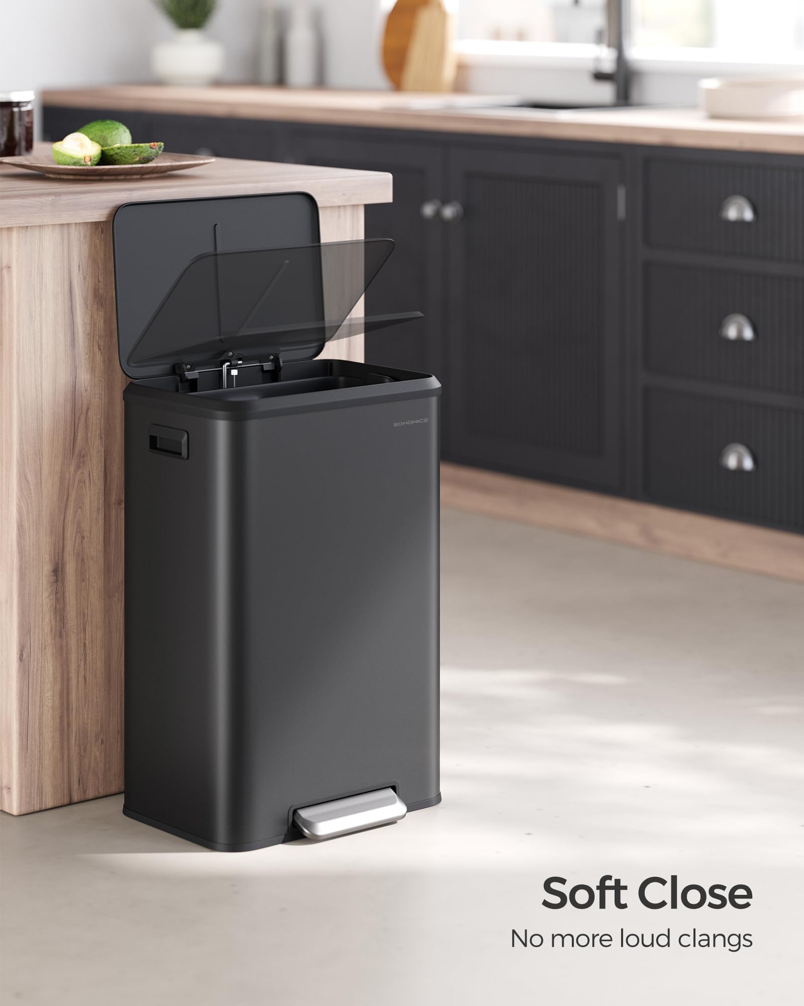 SONGMICS 10.5-Gallon (40L) Stainless Steel Kitchen Trash Can with Lid - Wide Foot Pedal, Soft Close & Stay Open Feature - Perfect for Home, Office & Restaurant Use - Black (ULTB541B40)
