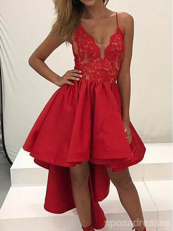 Elegant High Low Red Lace Spaghetti Strap Homecoming Dress - CM411 | Sexy Prom Party Gown for Women | Perfect for Dances, Formals & Special Occasions
