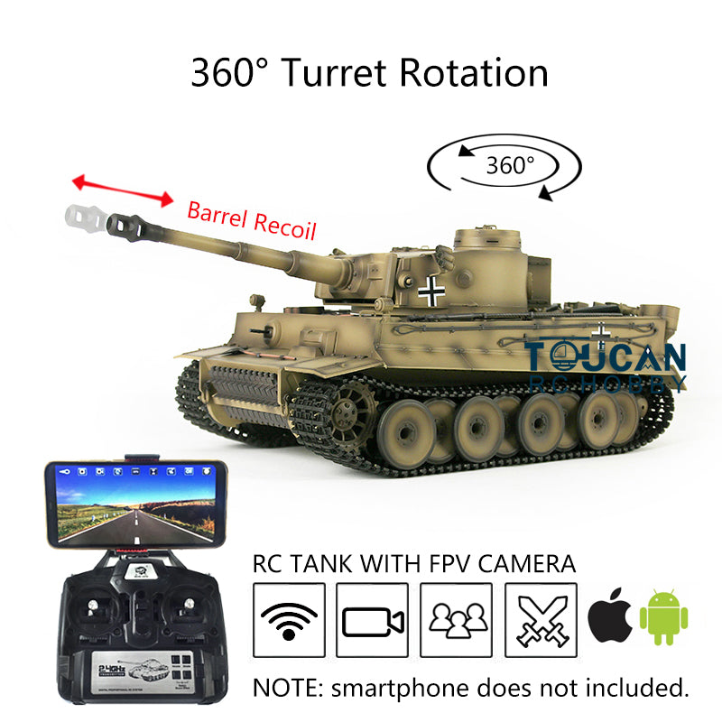 Henglong 1/16 Scale 7.0 Plastic Tiger I RC Tank Model 3818 with 360° Rotating Turret, Recoil Barrel, FPV Phone Holder & Steel Gearbox - Realistic Engine Sound for Military Enthusiasts & Battle Simulation
