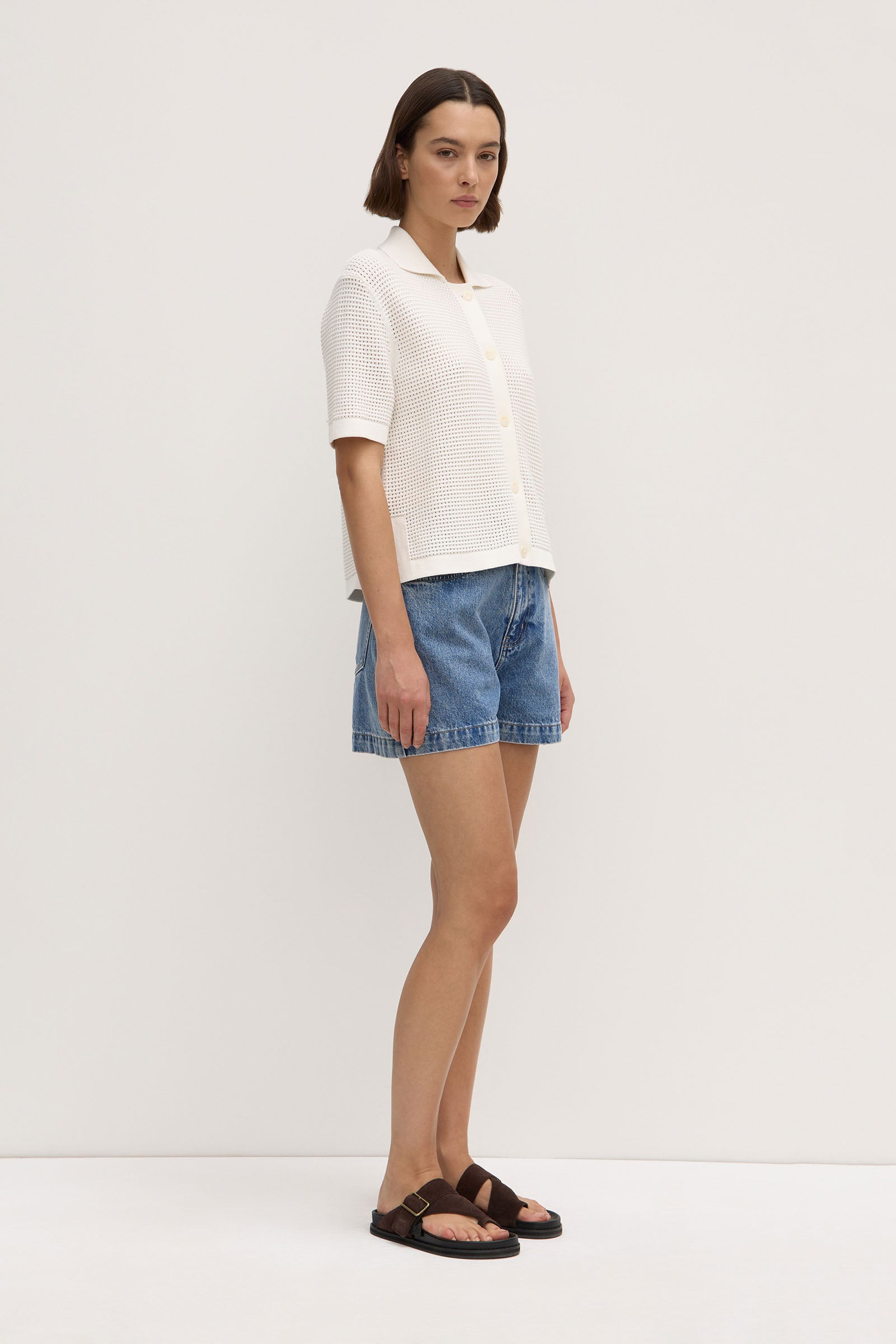 Enid Short Sleeve Knit Shirt for Women - Soft Cream Cotton Top - Perfect for Casual Wear, Office & Summer Outfits