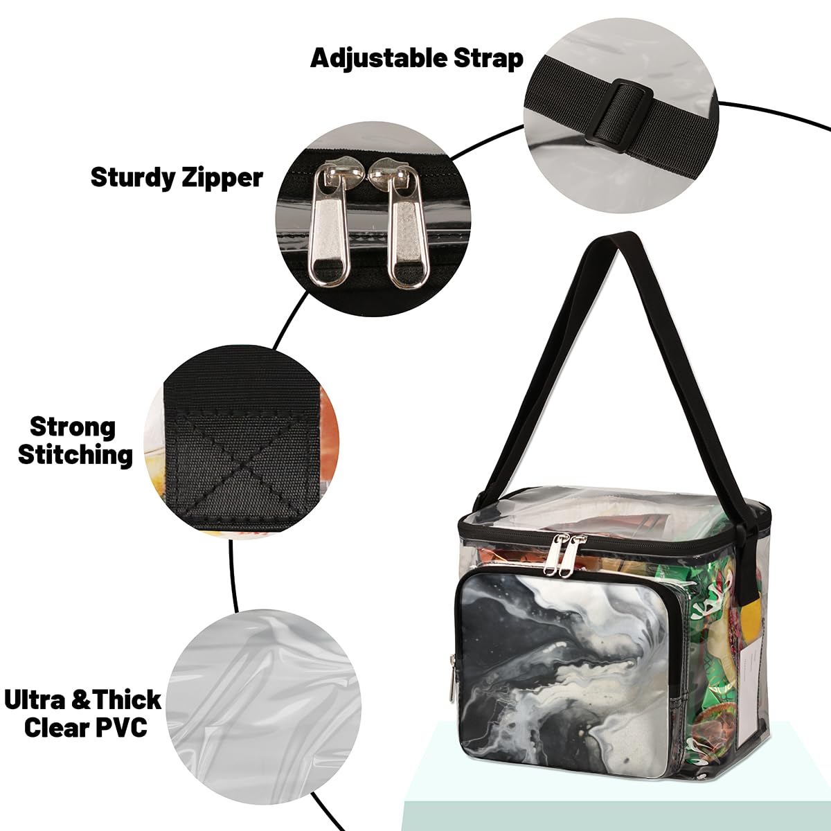 GzLeyigou Marble Print Clear Tote Bag with Handles - Black & White Marble Pattern Transparent Crossbody Shoulder Bag for Women | Perfect for Lunch, Outdoor Travel, Picnic, Concerts & Sports Events | Stadium Approved Multipurpose Purse