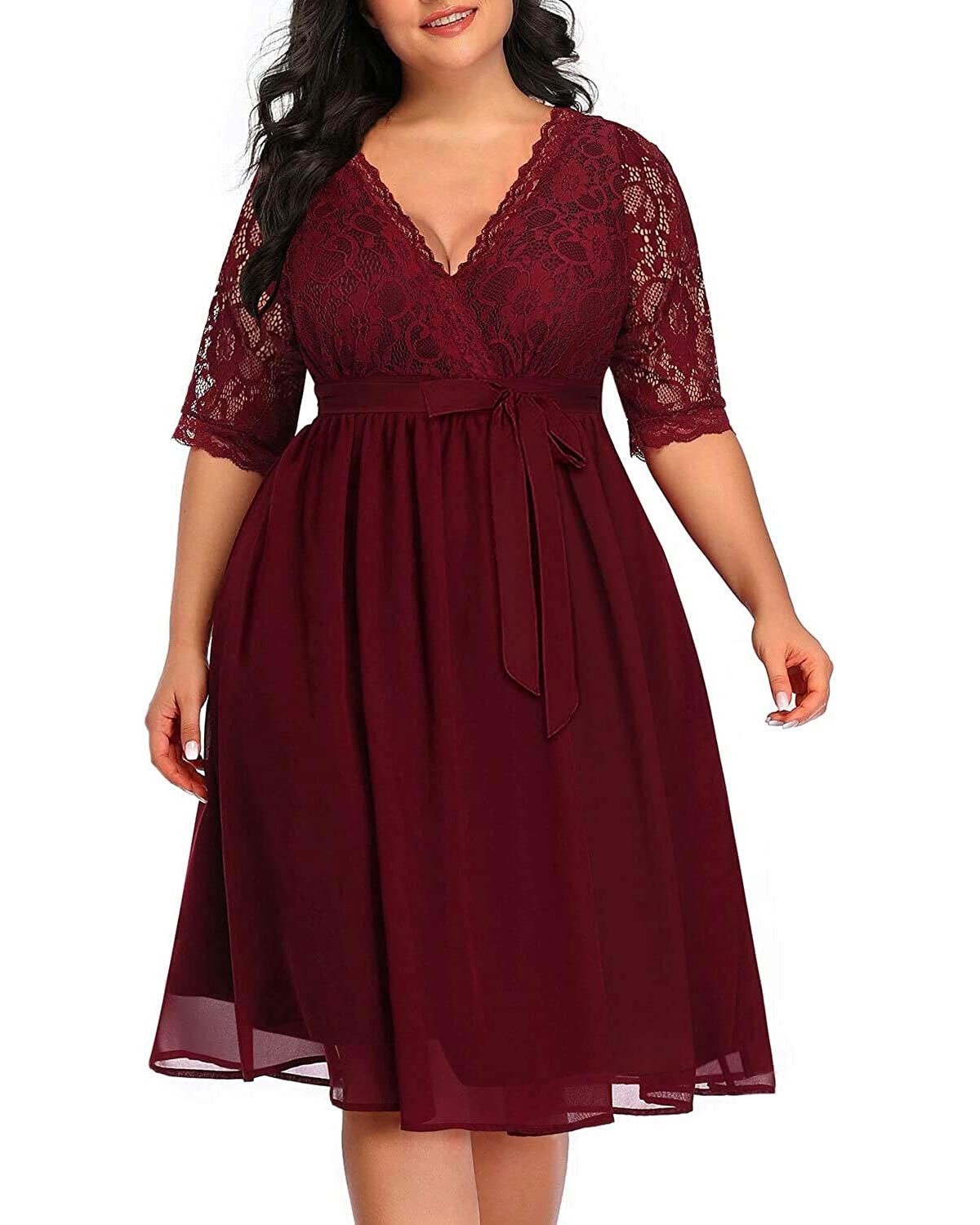 Plus Size Lace Chiffon Wrap Dress - V Neck Cocktail Midi Dress for Women | Wedding Guest, Party & Special Occasion Outfit