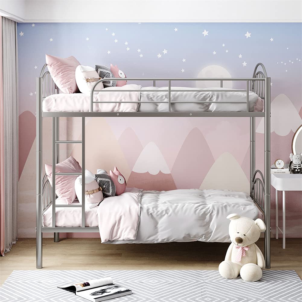 Sturdy Metal Twin Over Twin Bunk Bed with Ladder & Safety Guardrails - Convertible to 2 Separate Twin Beds (Silver) - Perfect for Kids, Teens & Adults - Ideal for Dorm Rooms, Guest Rooms & Space-Saving Bedrooms