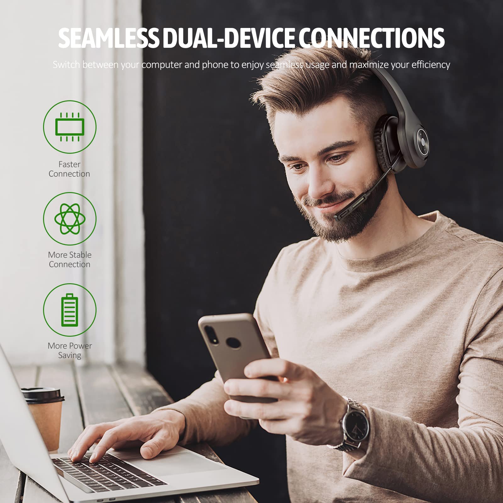 Trucker Bluetooth Headset with Noise Cancelling Mic - Wireless Headset for PC, Cell Phones & Truck Drivers - 55H Talk Time, Mute Button (Black) - Perfect for Long Hauls, Office Calls & Online Meetings
