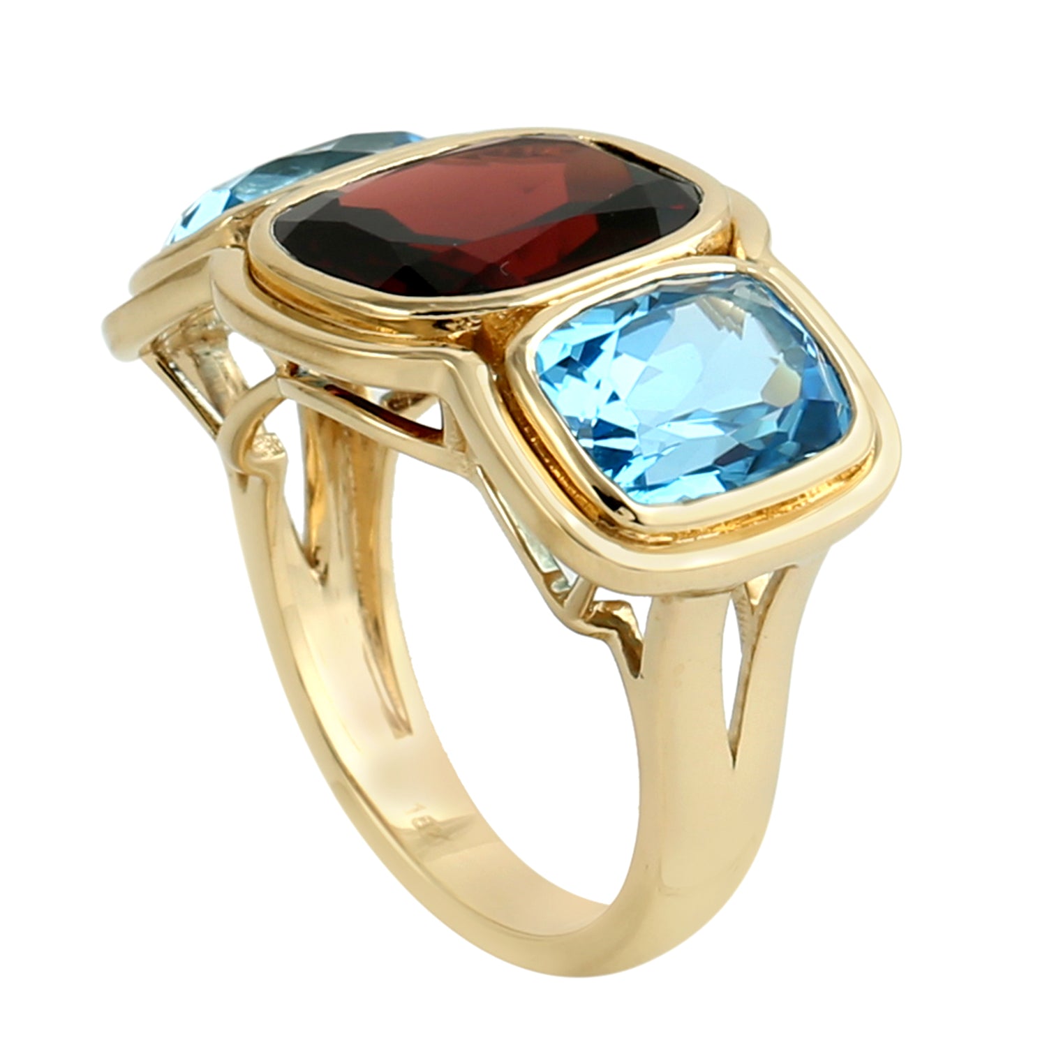 18k Yellow Gold Cushion Cut Blue Topaz & Garnet Three Stone Ring for Women – Elegant Gift for Anniversary, Engagement, or Special Occasion
