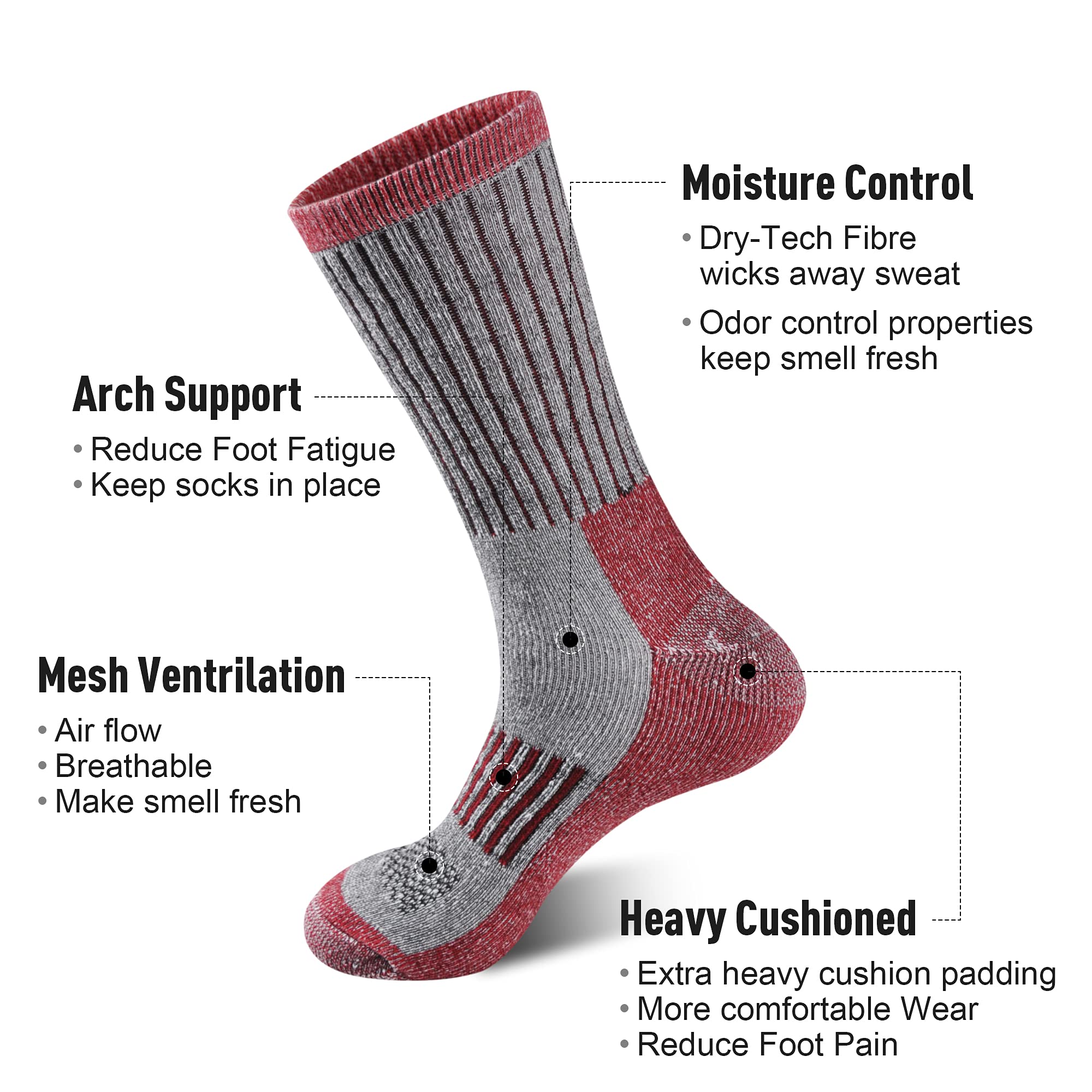 ECOEY Men's Merino Wool Hiking Socks 4-Pack - Moisture Wicking, Cushioned Crew Socks for Trekking & Outdoor Adventures - Perfect for Hiking, Camping and Cold Weather Activities