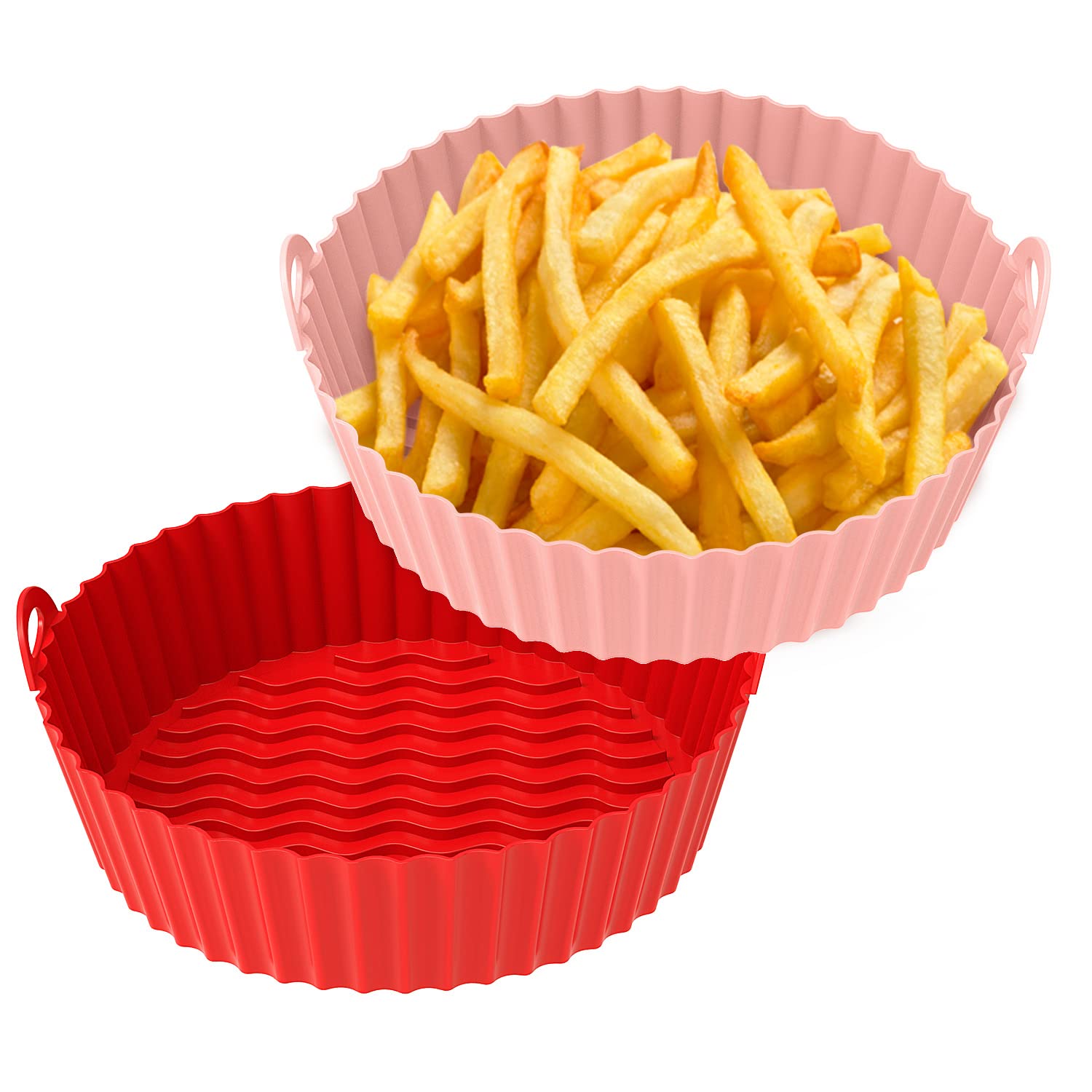 OUTXE 2-Pack Reusable 7.5-Inch Silicone Air Fryer Liners - Heat Resistant, Non-Stick Basket for 3-5 Qt Air Fryers - Easy to Clean, Dishwasher Safe (Pink + Red) - Perfect for Healthy Cooking, French Fries, Chicken Wings & Vegetables