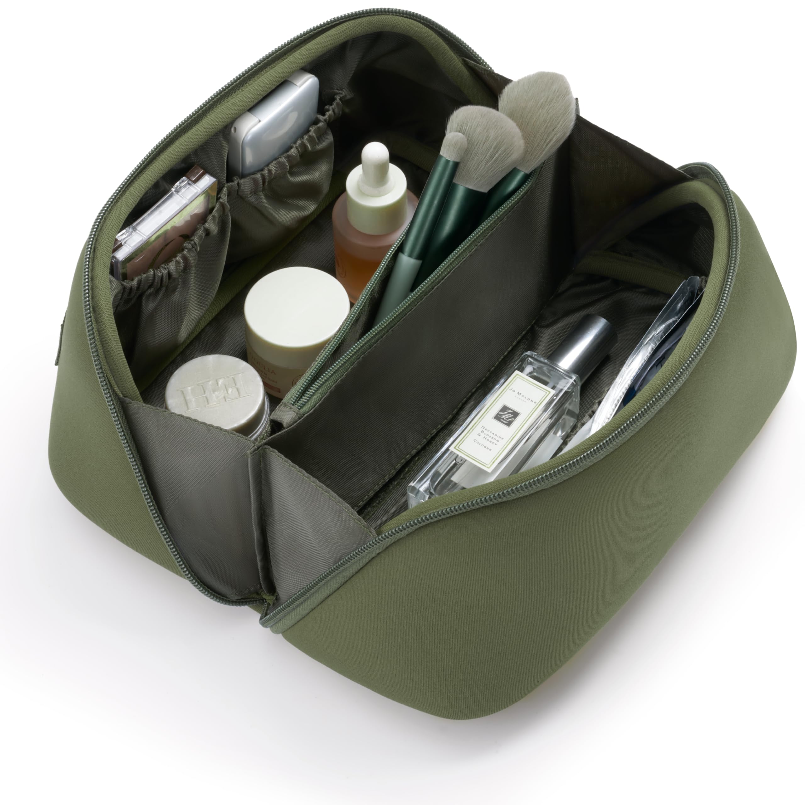 Yarnic Travel Makeup Bag Cosmetic Organizer - Large Capacity Waterproof Toiletry Bag for Women | Portable Cute Makeup Pouch with Divider & Handle | Perfect for Travel, Gym & Daily Use | Neoprene Olive Green