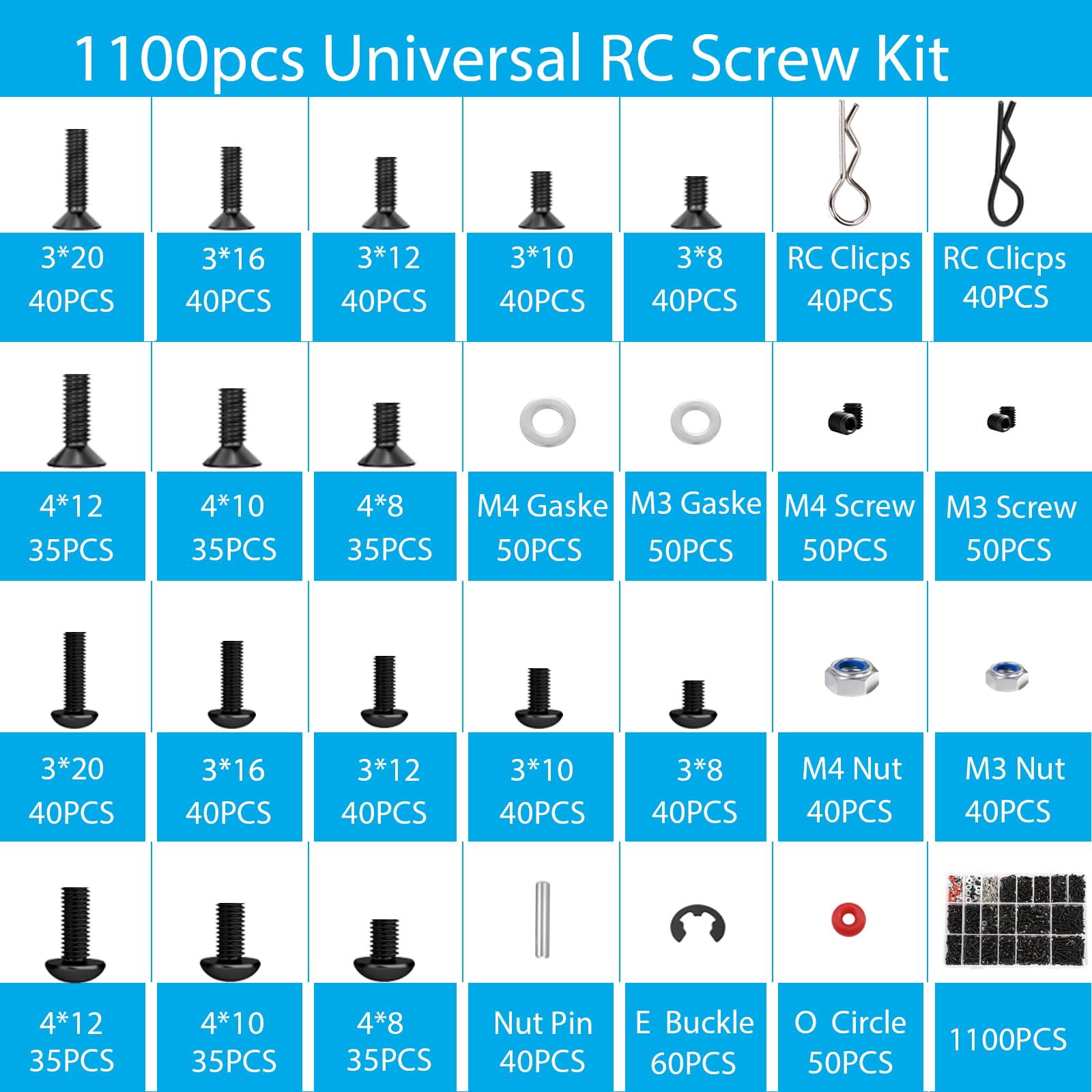 1100 PCS RC Screw Kit - Universal RC Car Repair Tool Set for Traxxas, HPI, HSP, Axial, Redcat, Arrma, Losi - Compatible with 1/8, 1/10, 1/12, 1/16 Scale RC Cars, Trucks & Crawlers - Perfect for Maintenance, Upgrades & DIY Repairs