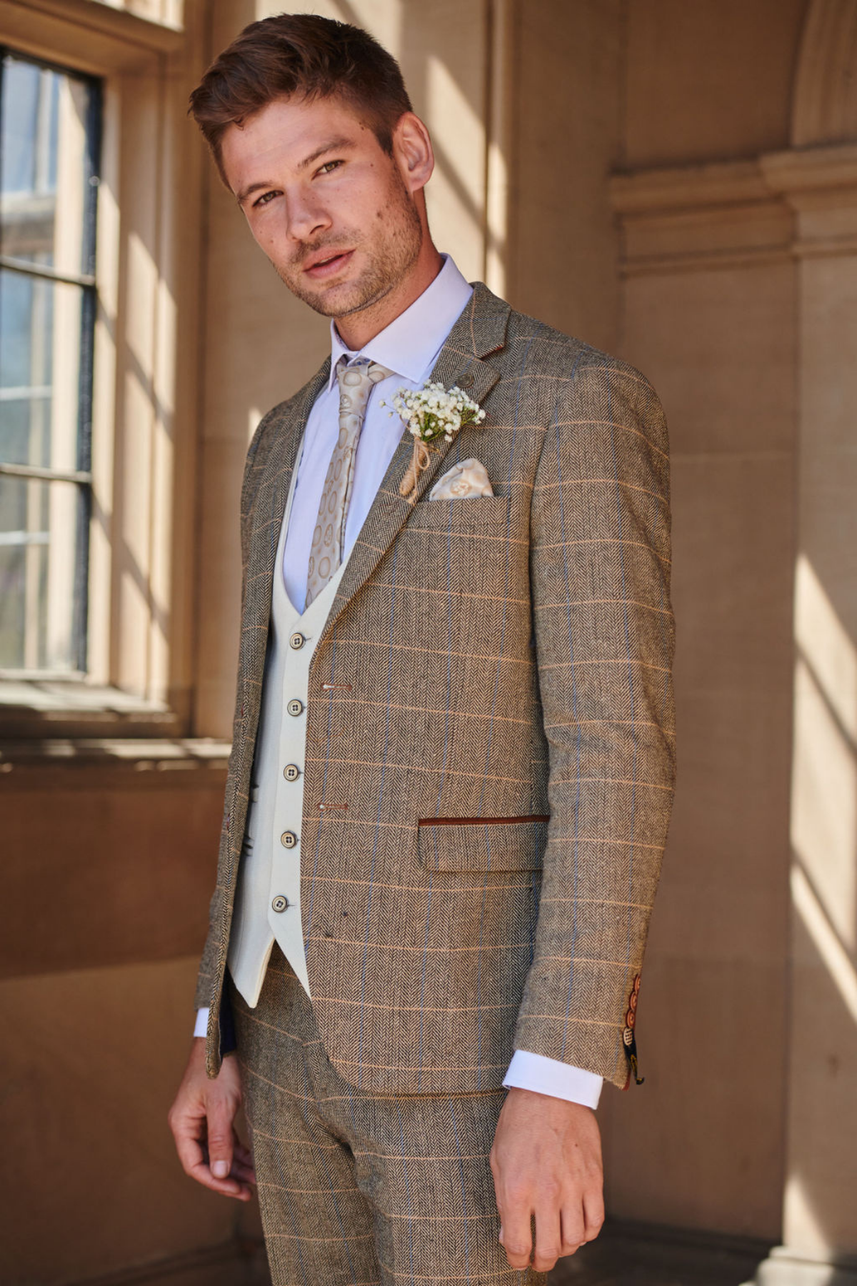 Elegant TED Tan Tweed Check Suit with Kelvin Cream Waistcoat - Perfect for Weddings, Business Meetings & Formal Events