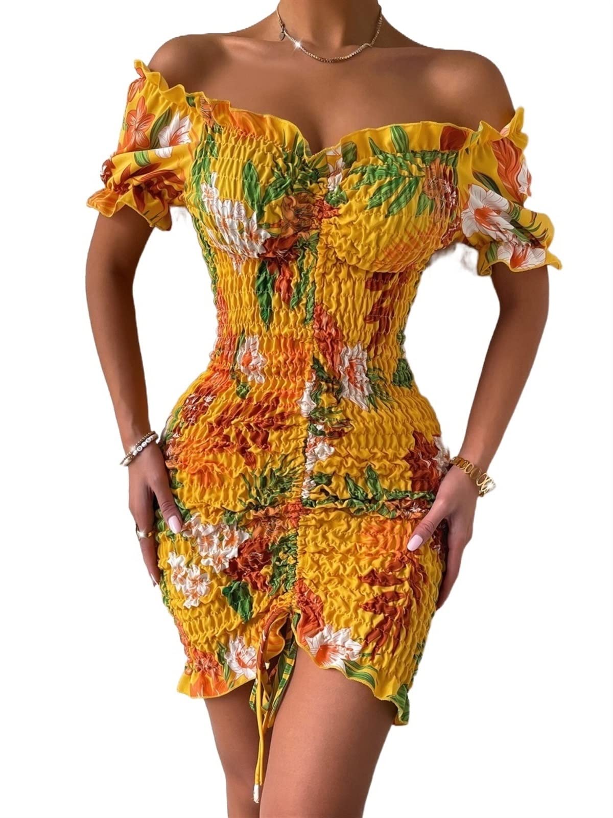 VIYAN Women's Summer Floral Short Dress - Stretchy Bodycon Mini Dress with Shirred Bust & Drawstring Front for Casual Wear | Perfect for Beach, Vacation, and Date Nights