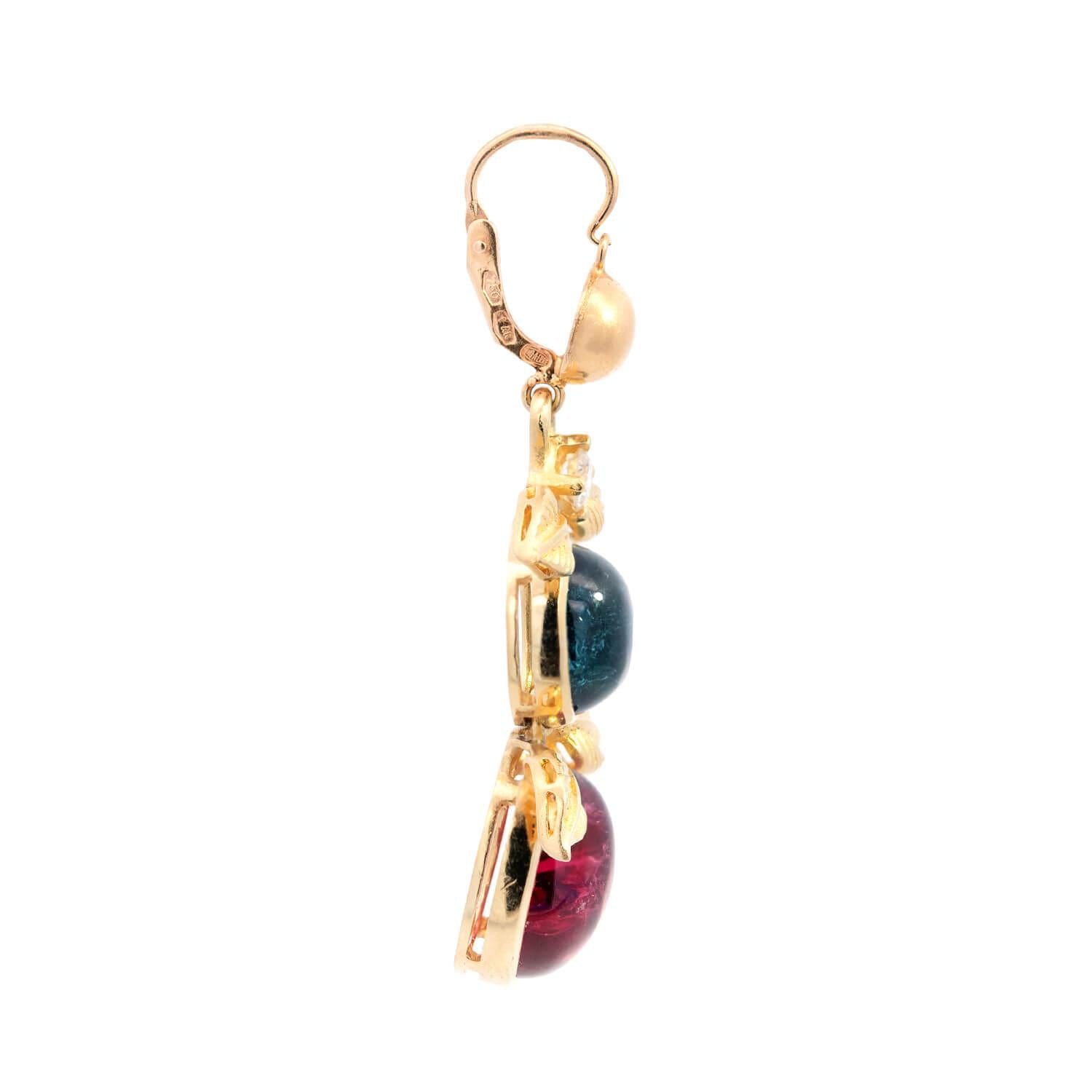 18K Gold Tourmaline Rubellite Diamond Foliage Drop Earrings for Women - Elegant Dangle Earrings for Wedding, Party & Special Occasions