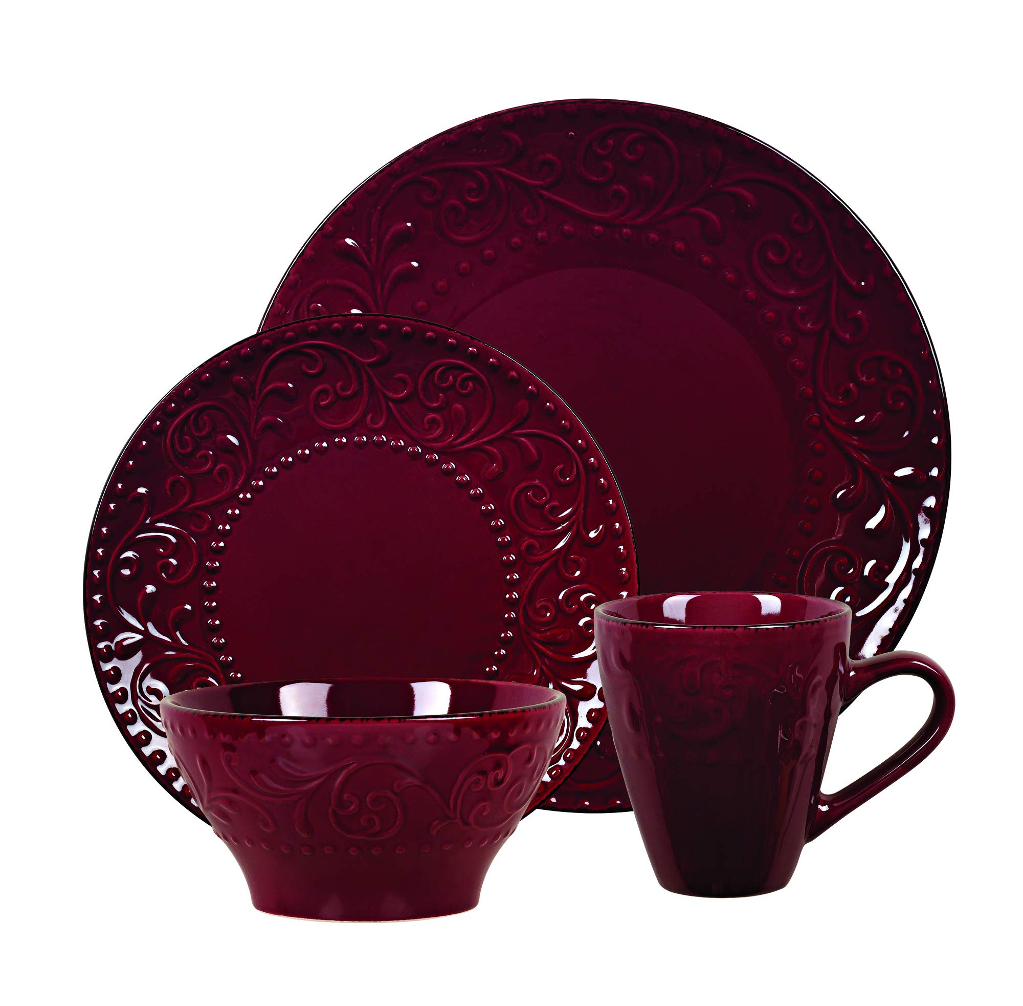 Elegant Modern Stoneware Scroll Dinnerware Set - 16 Piece Merlot Collection for Parties, Events & Holiday Gatherings - Perfect for Hosting, Entertaining & Special Occasions