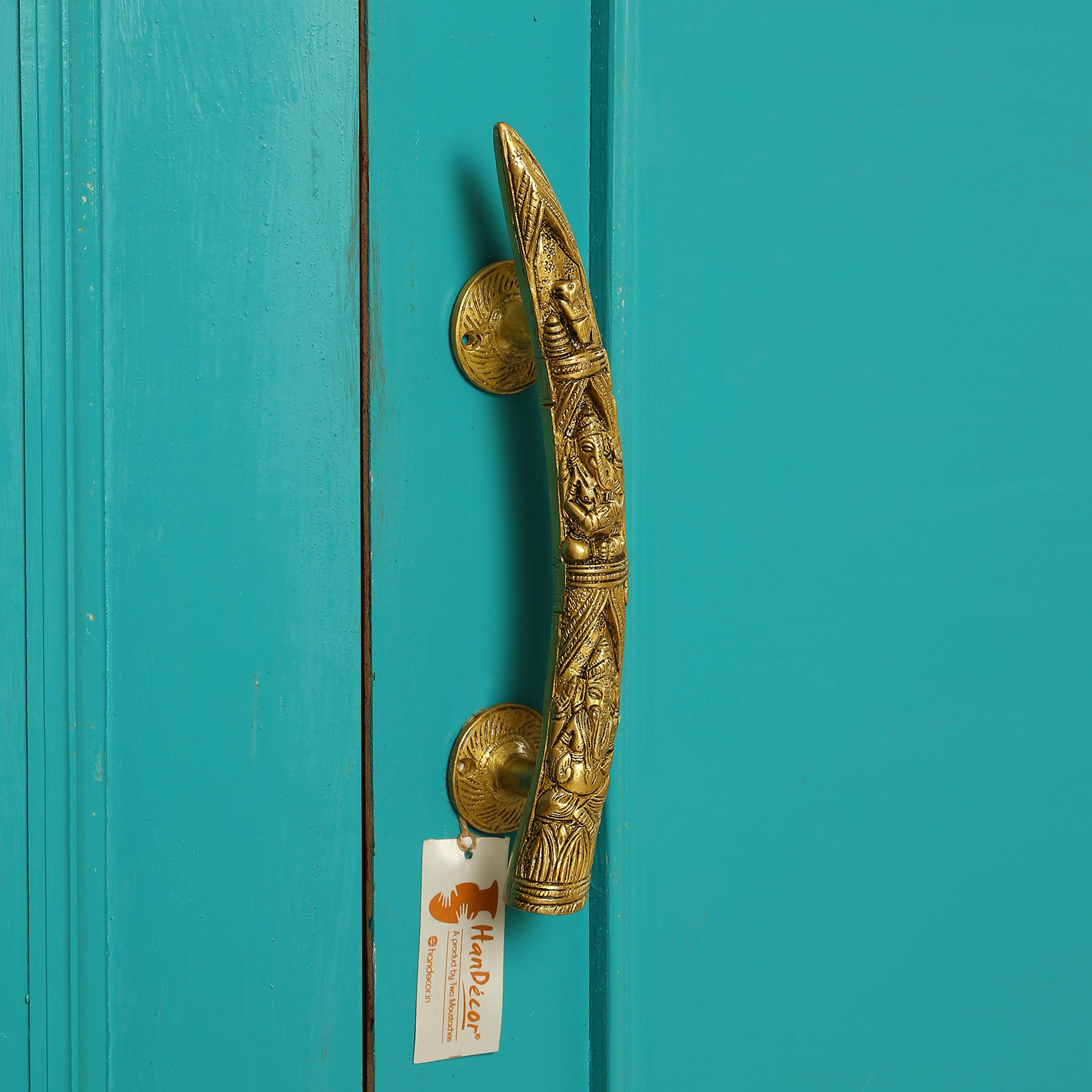 Handcrafted Brass Tuskar Style Ganesha Door Handles - Set of 2 - Elegant Indian Home Decor for Bedroom & Living Room Doors