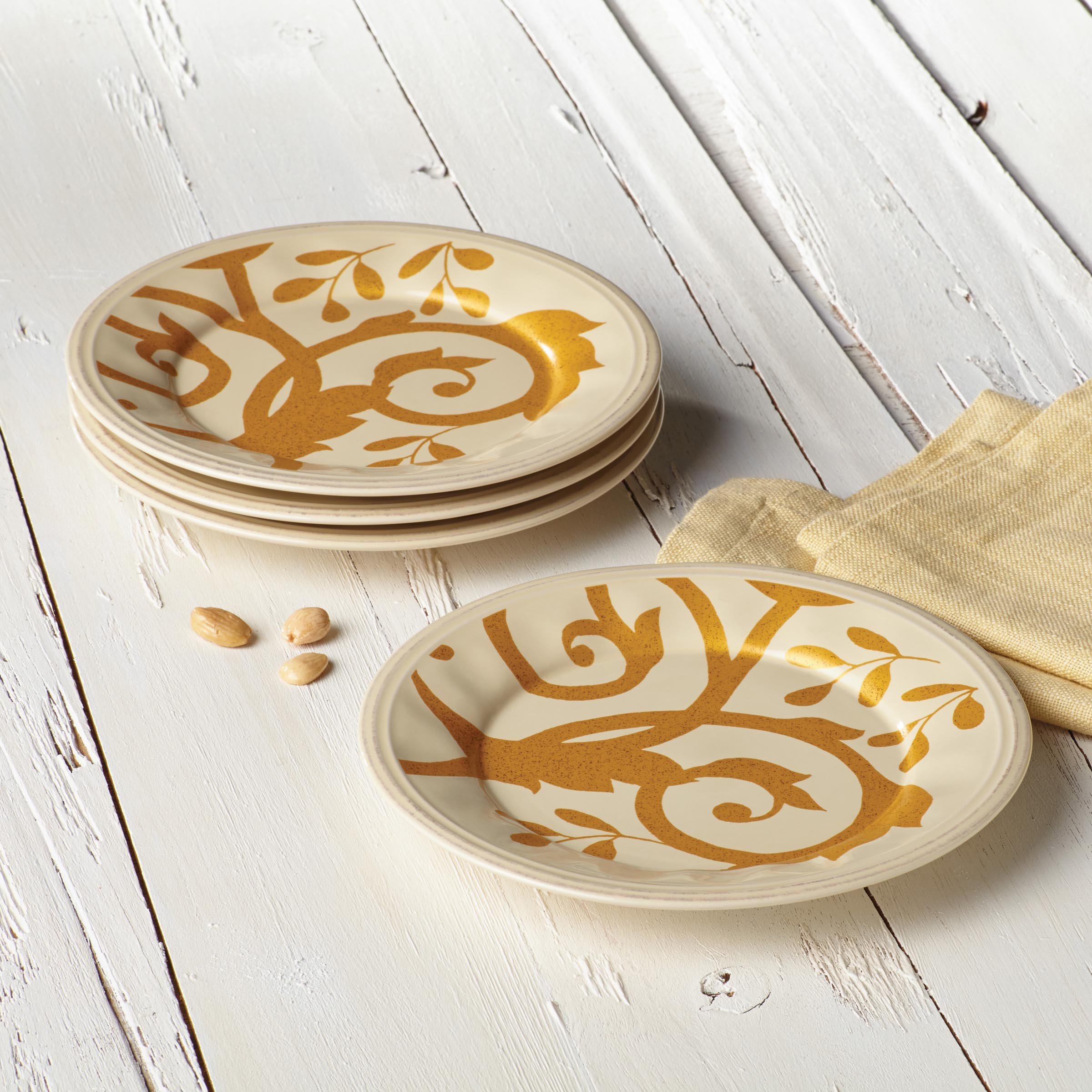 Rachael Ray 4-Piece Salad Plate Set - Elegant Gold Scroll Design on Almond Cream Porcelain, Perfect for Dinner Parties, Salads & Home Decor