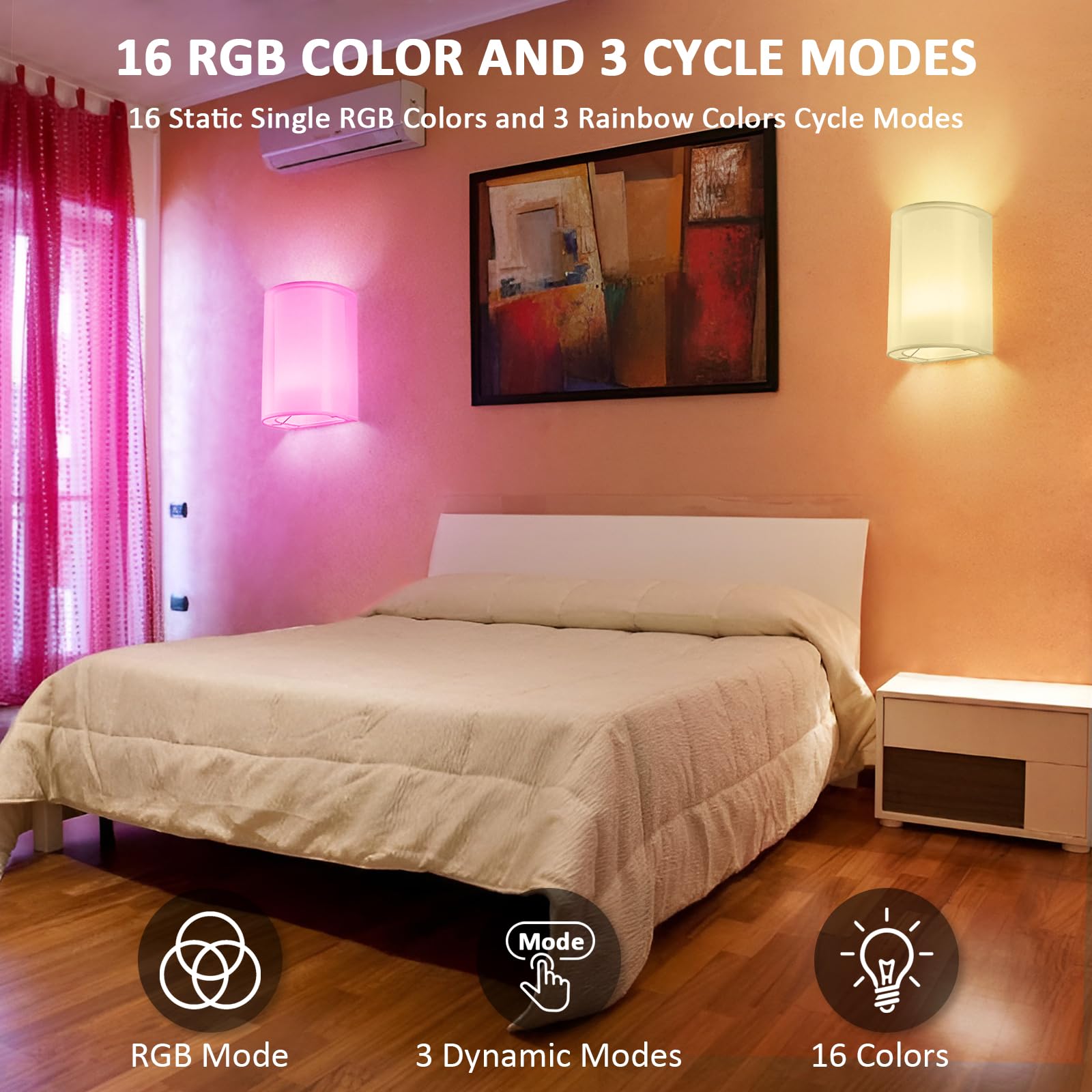 Dimmable LED Wall Sconces - 16 RGB Colors with Remote | Bedroom & Living Room Lighting Decor