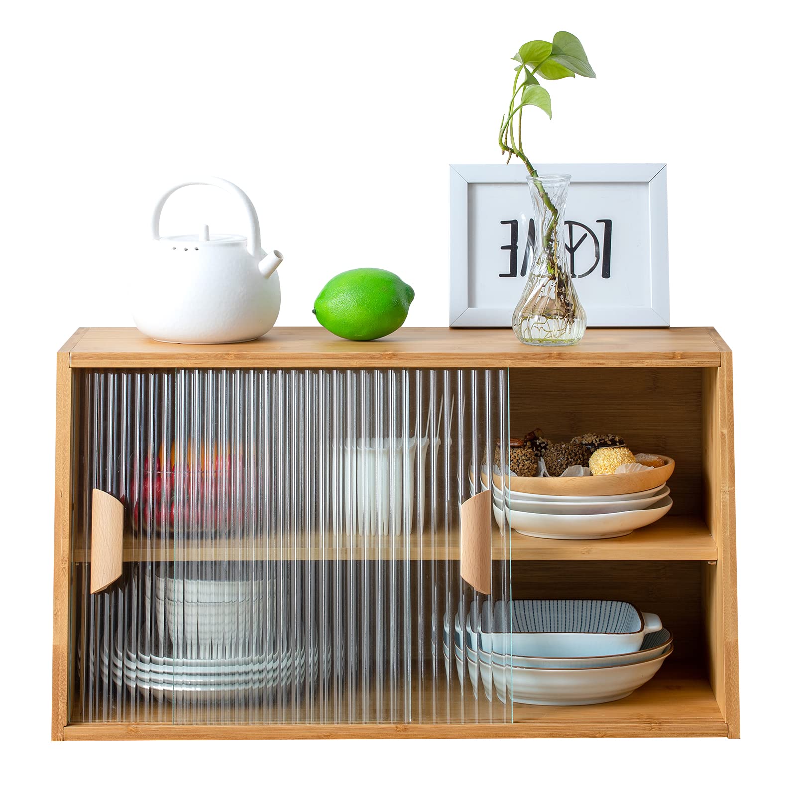 Small Bamboo Kitchen Pantry Cabinet with 2 Sliding Glass Doors - Freestanding Storage for Bottles, Dishes & Bowls - Modern Sideboard for Dining Room, Kitchen or Living Room Organization