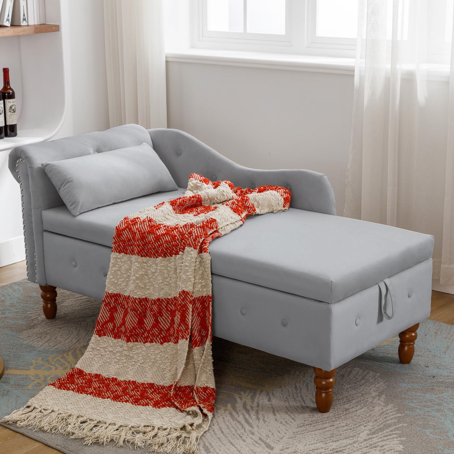 Luxury Velvet Chaise Lounge Chair with Storage - Button Tufted Upholstered Sofa with Lumbar Pillow & Rolled Arms - Modern Chaise for Living Room, Bedroom, Office - Grey - Perfect for Relaxing, Reading & Small Space Decor