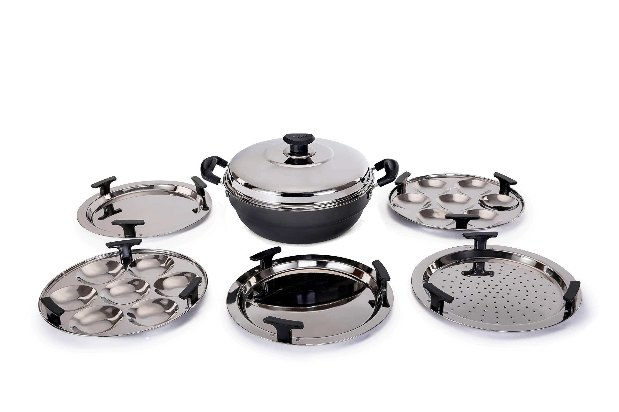 Vinod Multi Kadhai (Hard Anodized) - 26cm Non-Stick Indian Cooking Pot for Idli, Dhokla, Steaming & Frying - Perfect for Home Kitchen & Restaurant Use