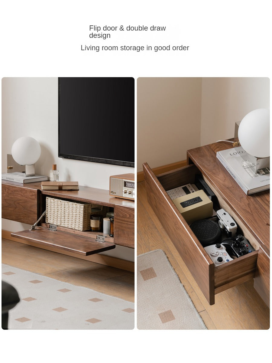 Black Walnut Solid Wood Floating TV Stand - Wall Mounted Entertainment Center for Living Room, Bedroom & Home Theater