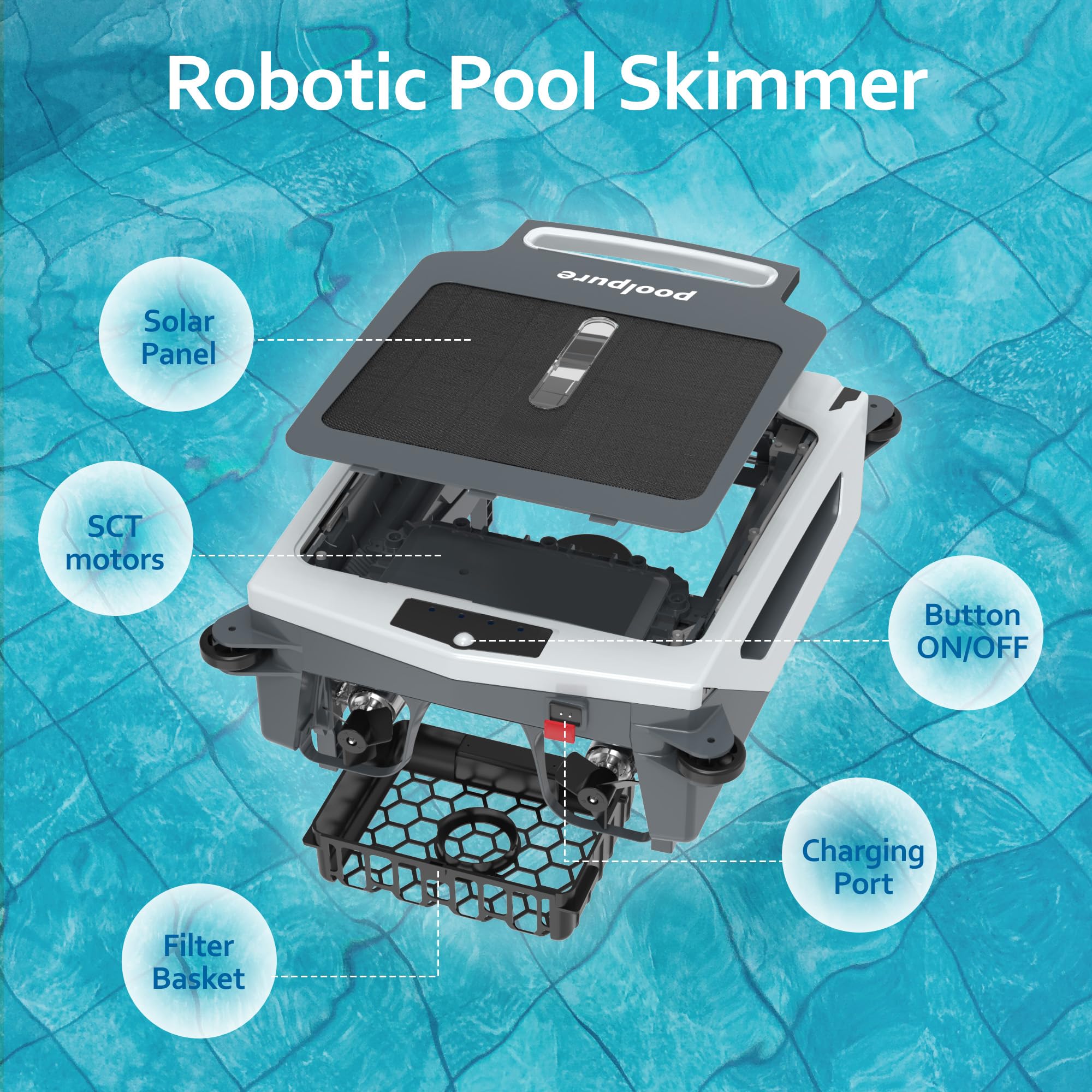 POOLPURE Solar Powered Automatic Pool Skimmer Robot - Twin Motor Surface Cleaner for Inground & Above Ground Pools | Efficient Debris Removal for Leaves, Bugs & Pollen | Ideal for Backyard, Vacation Homes & Commercial Pools