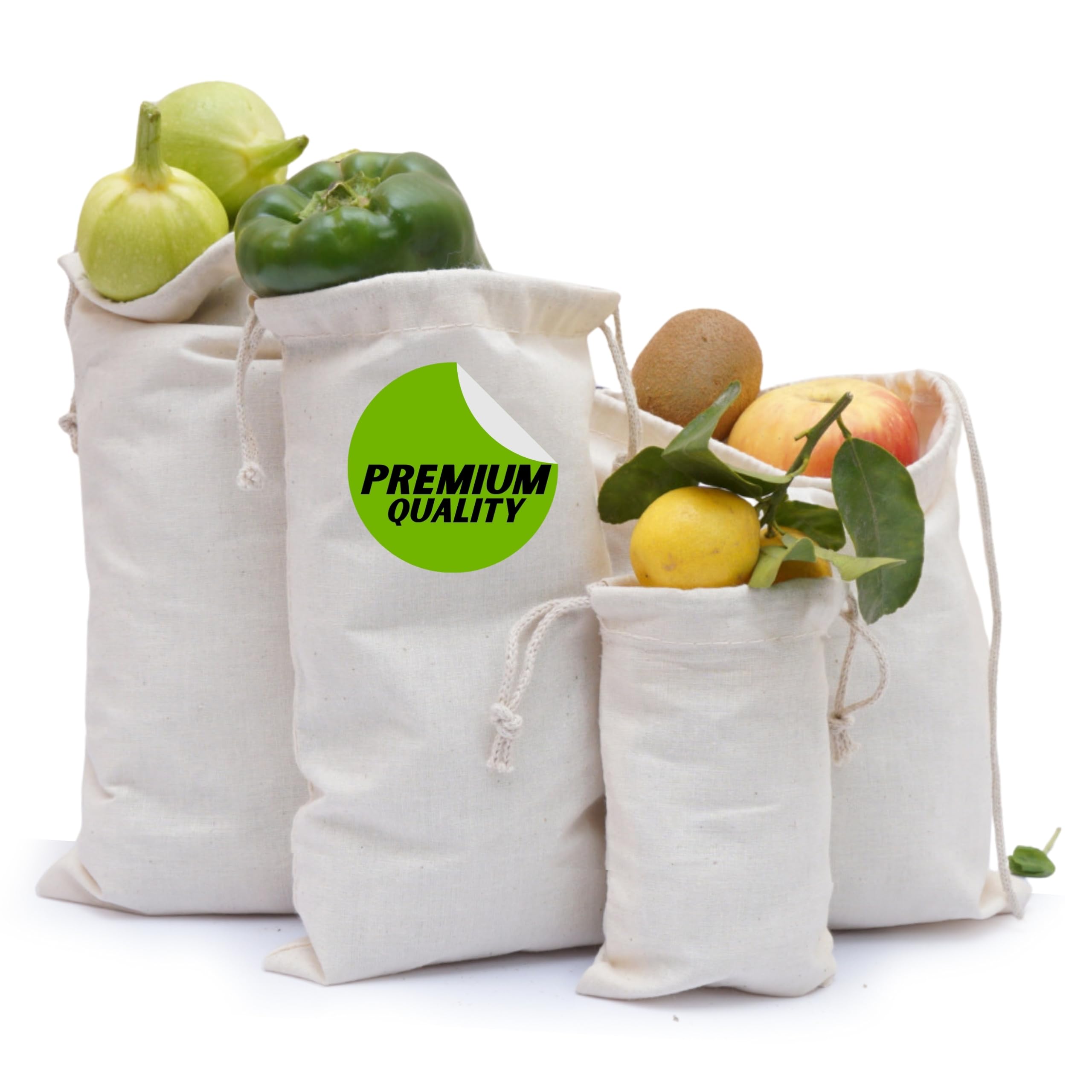 Organic Cotton Muslin Bags with Drawstrings - 100% Natural, Washable & Biodegradable Food Safe Cotton Bags for Produce, Bulk Foods, Wedding Favors & Gift Packaging