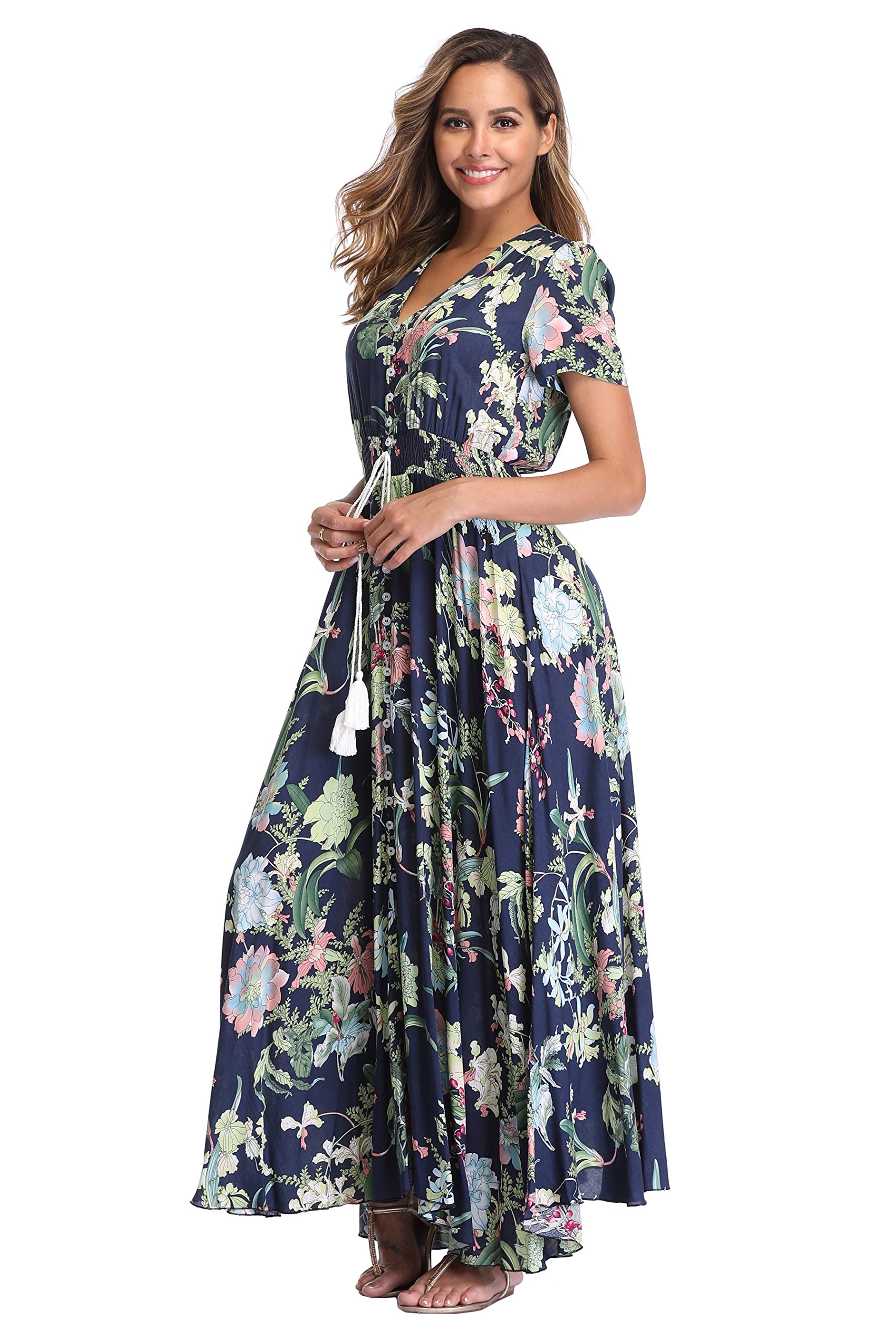 Ferrendo Women's Floral Maxi Dress - Button Up Split Flowy Bohemian Summer Dress for Beach, Party & Vacation | Lightweight Comfortable Sundress for Outdoor Events