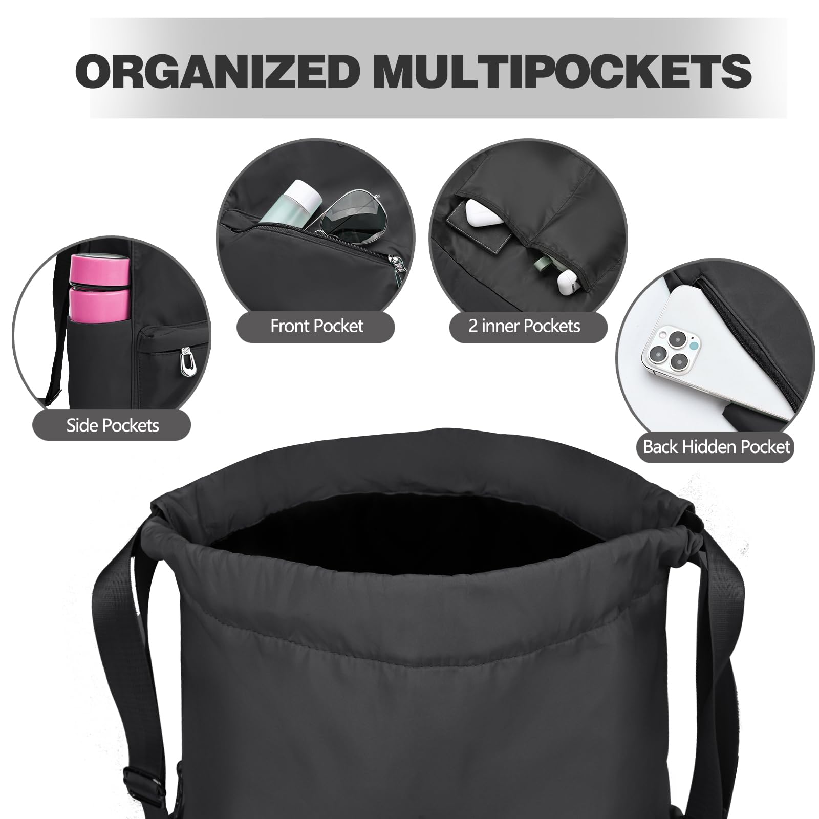 Water-Resistant Drawstring Backpack with Wet Pocket - Gym, Beach & Swim Bag for Men & Women (Pure Black) - Perfect for Workouts, Travel & Outdoor Activities