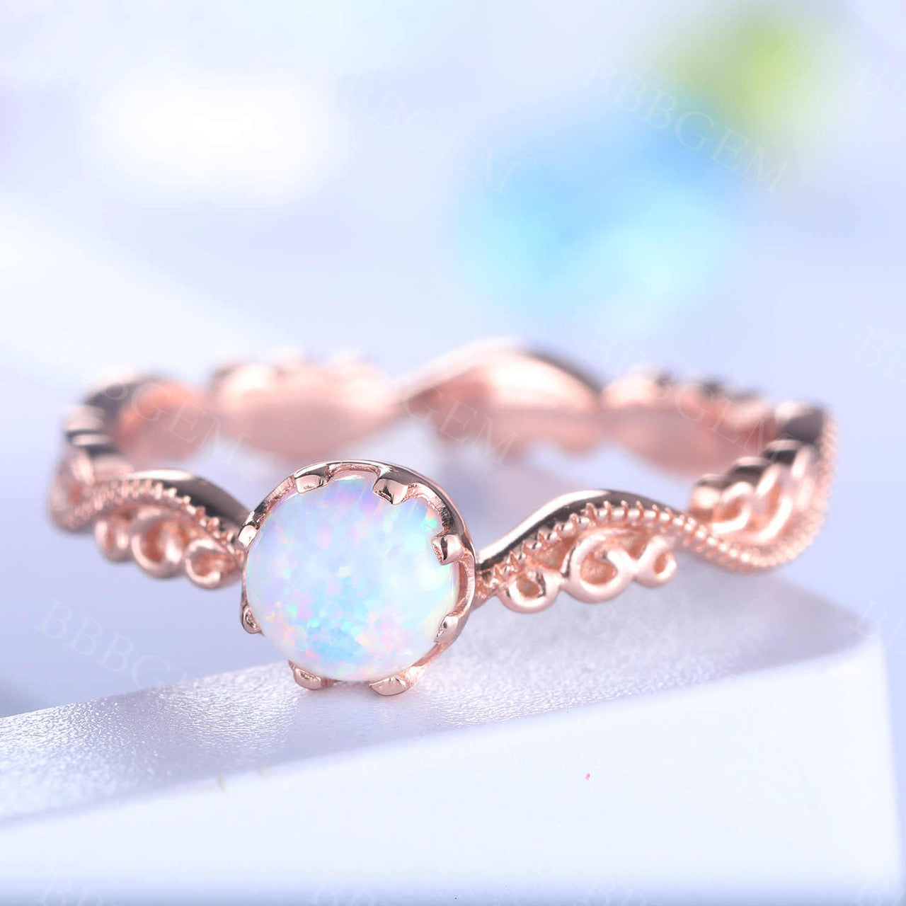 Floral Opal Ring for Women - Rose Gold Wedding Band with Filigree Milgrain Solitaire, October Birthstone Jewelry | Perfect for Engagement, Anniversary Gift & Everyday Wear