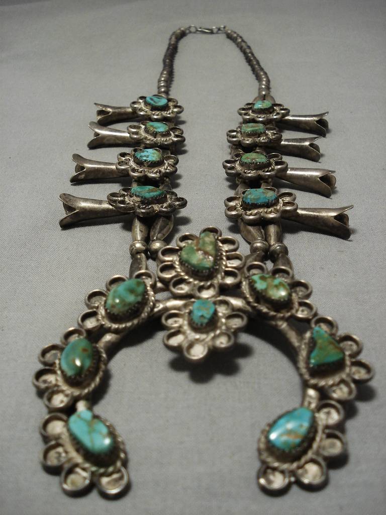 Vintage Navajo Sterling Silver Squash Blossom Necklace with Green Turquoise - Authentic Native American Jewelry for Women, Perfect for Boho Fashion, Weddings & Special Occasions