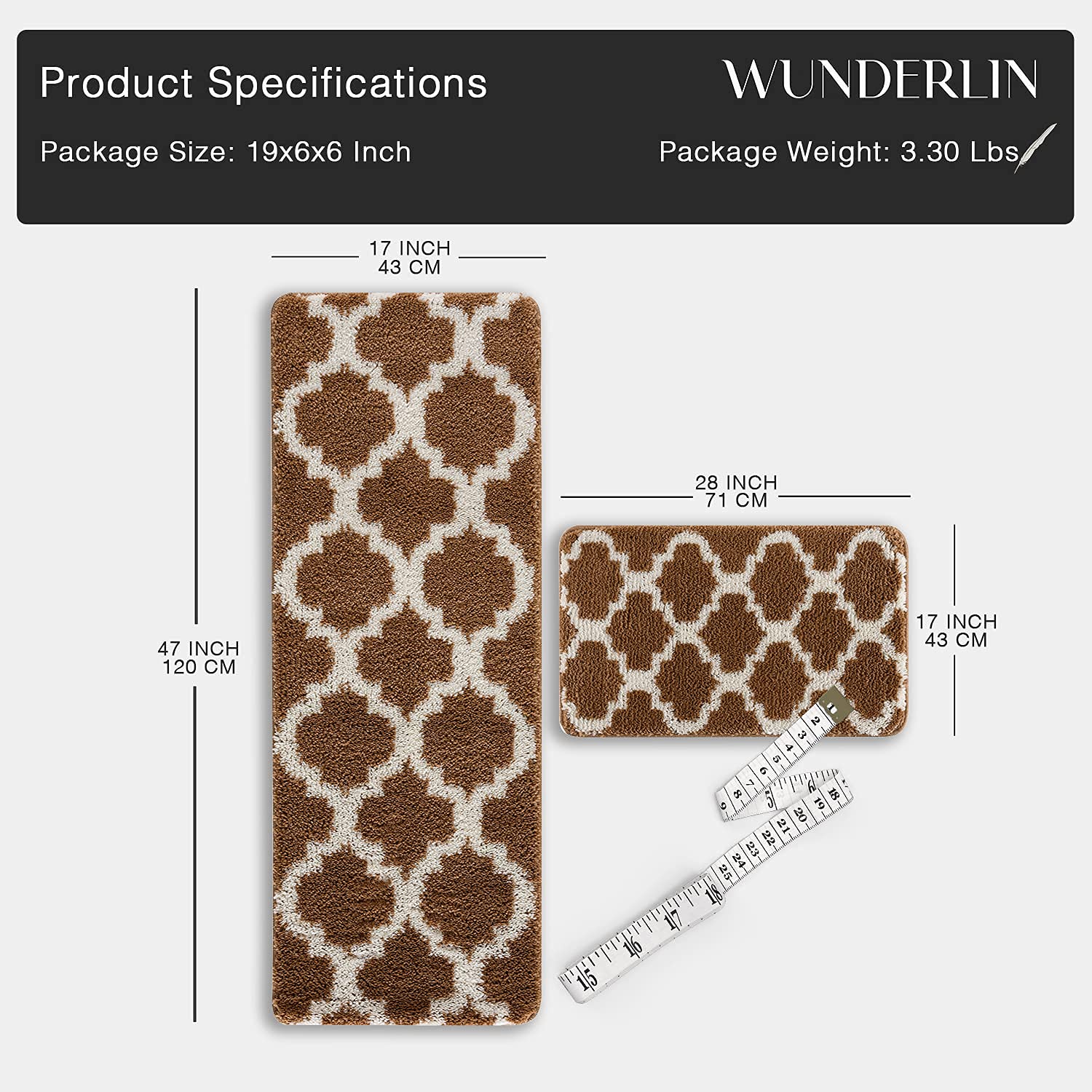 Wunderlin Soft Trellis Non-Slip Washable Kitchen Runner Rugs Set of 2 - Brown, Anti-Skid Floor Mat for Kitchen, Dining Room & High Traffic Areas