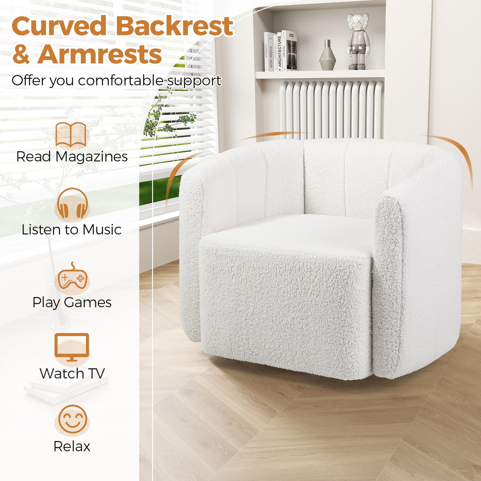 Costway Sherpa Accent Chair with Curved Backrest & Armrests - 360° Swivel Recliner for Living Room, Bedroom & Office - Plush Comfort Chair for Reading, Relaxing & Working