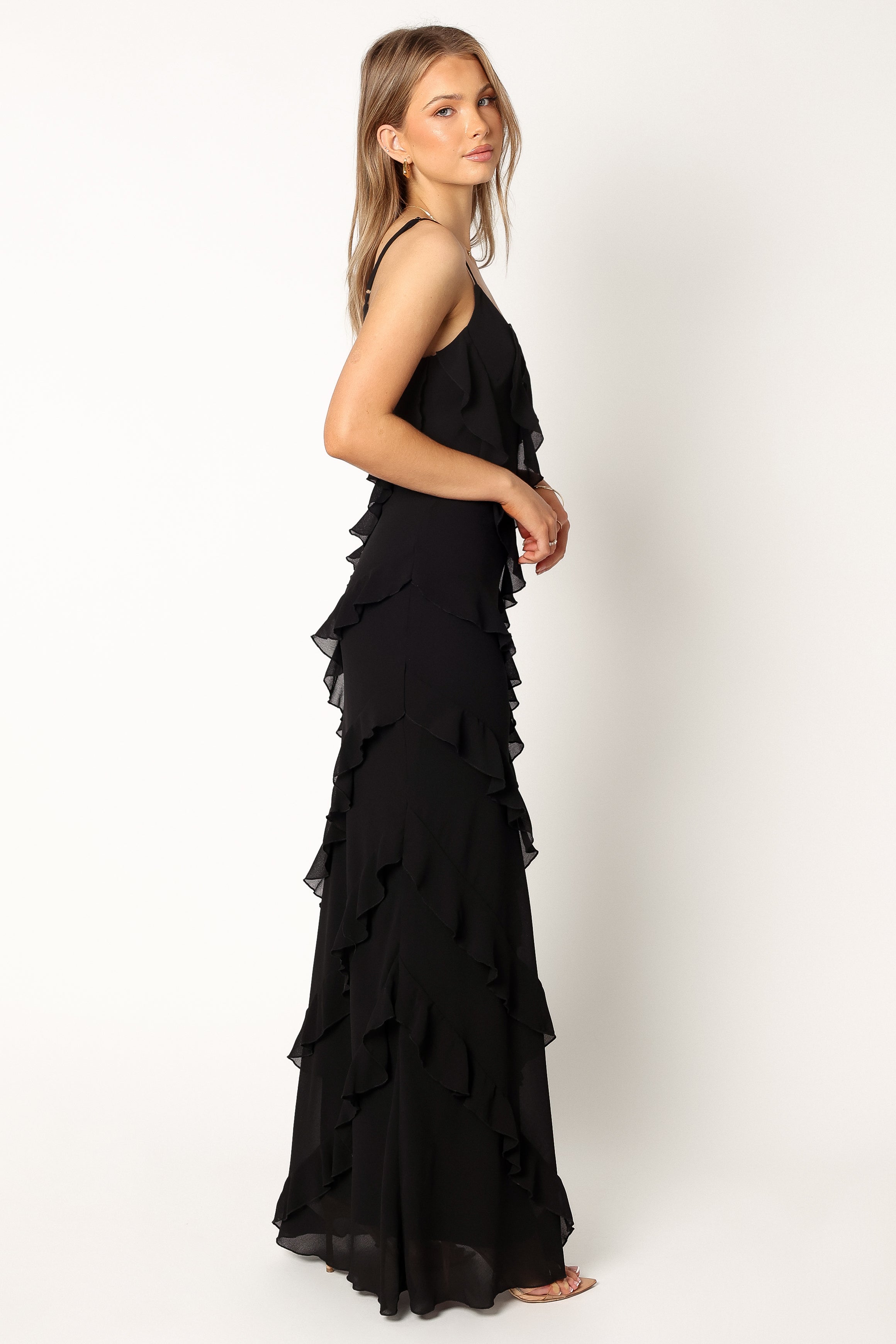 Ciao Ruffles Maxi Dress for Women - Elegant Black Flowy Long Dress with Ruffles for Summer, Beach, Party & Special Occasions